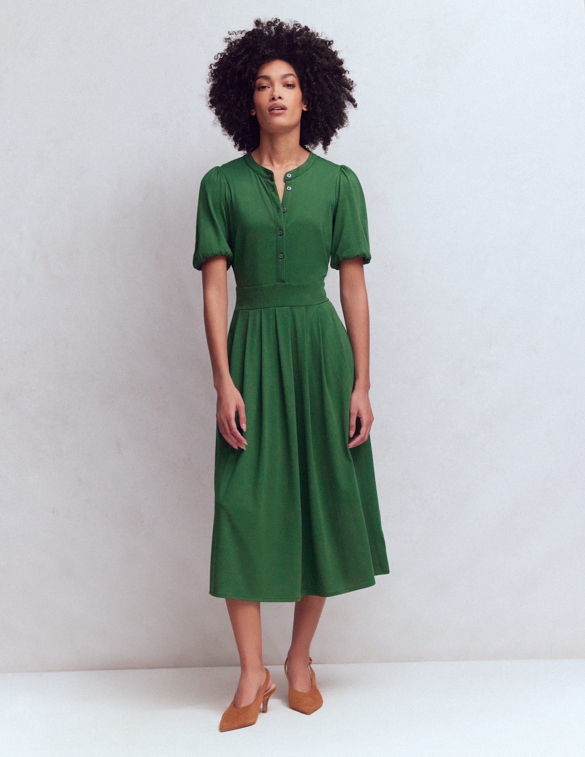 Robe midi Amber plissée en jersey-Vert chasseur - Image 1