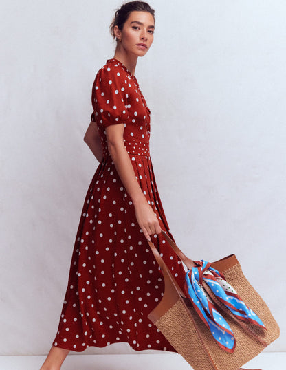 Amber Jersey-Midikleid mit Falten-Gebranntes Orange, Gemalte Tupfen-1