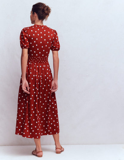 Amber Jersey-Midikleid mit Falten-Gebranntes Orange, Gemalte Tupfen-3