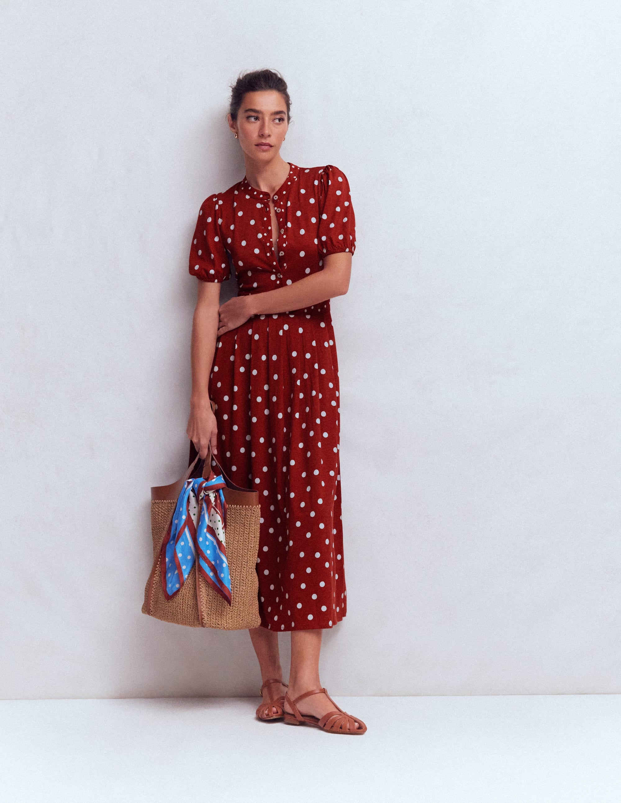 Robe midi Amber plissée en jersey-Orange brûlé, pois peints - Image 4