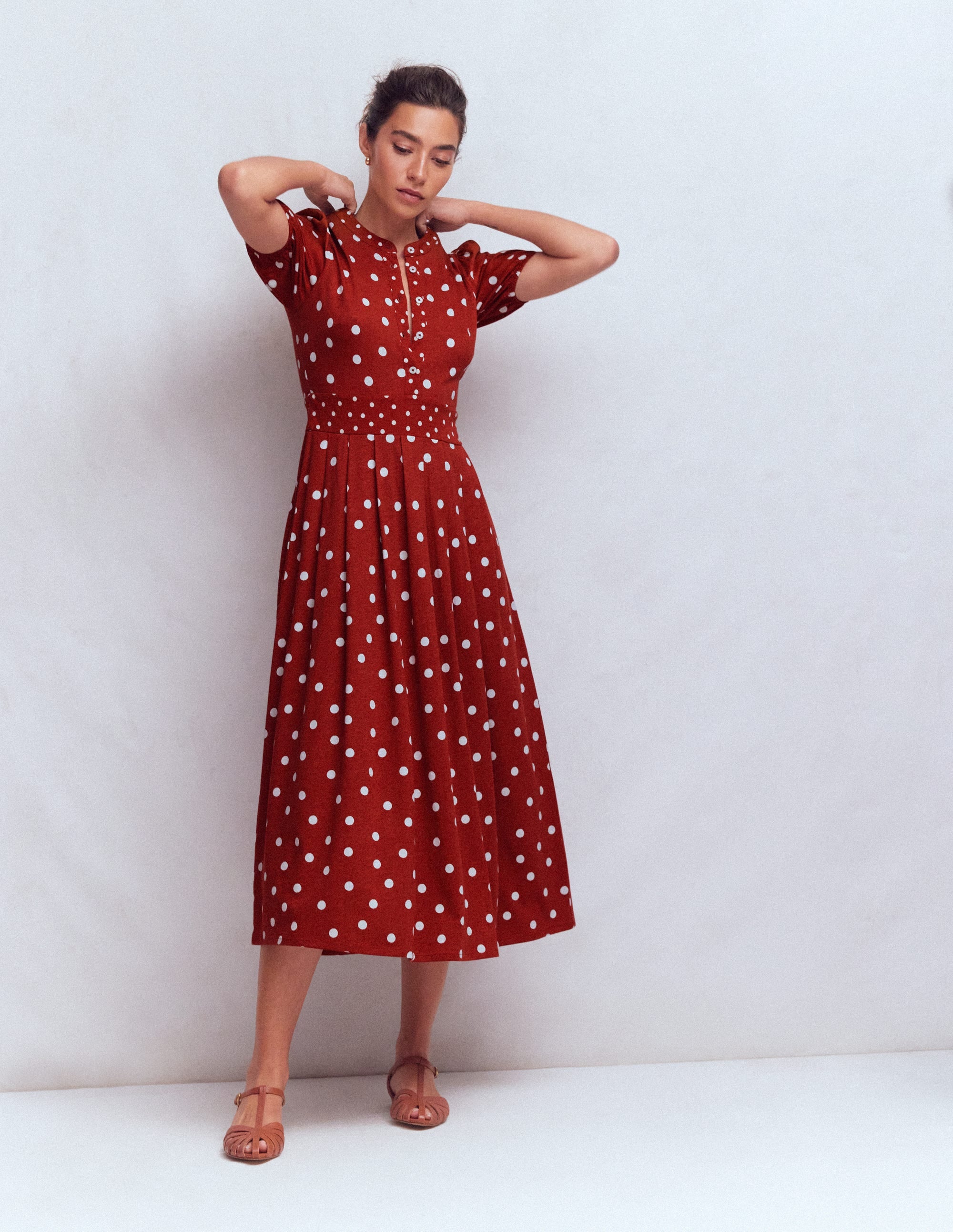 Robe midi Amber plissée en jersey-Orange brûlé, pois peints - Image 6