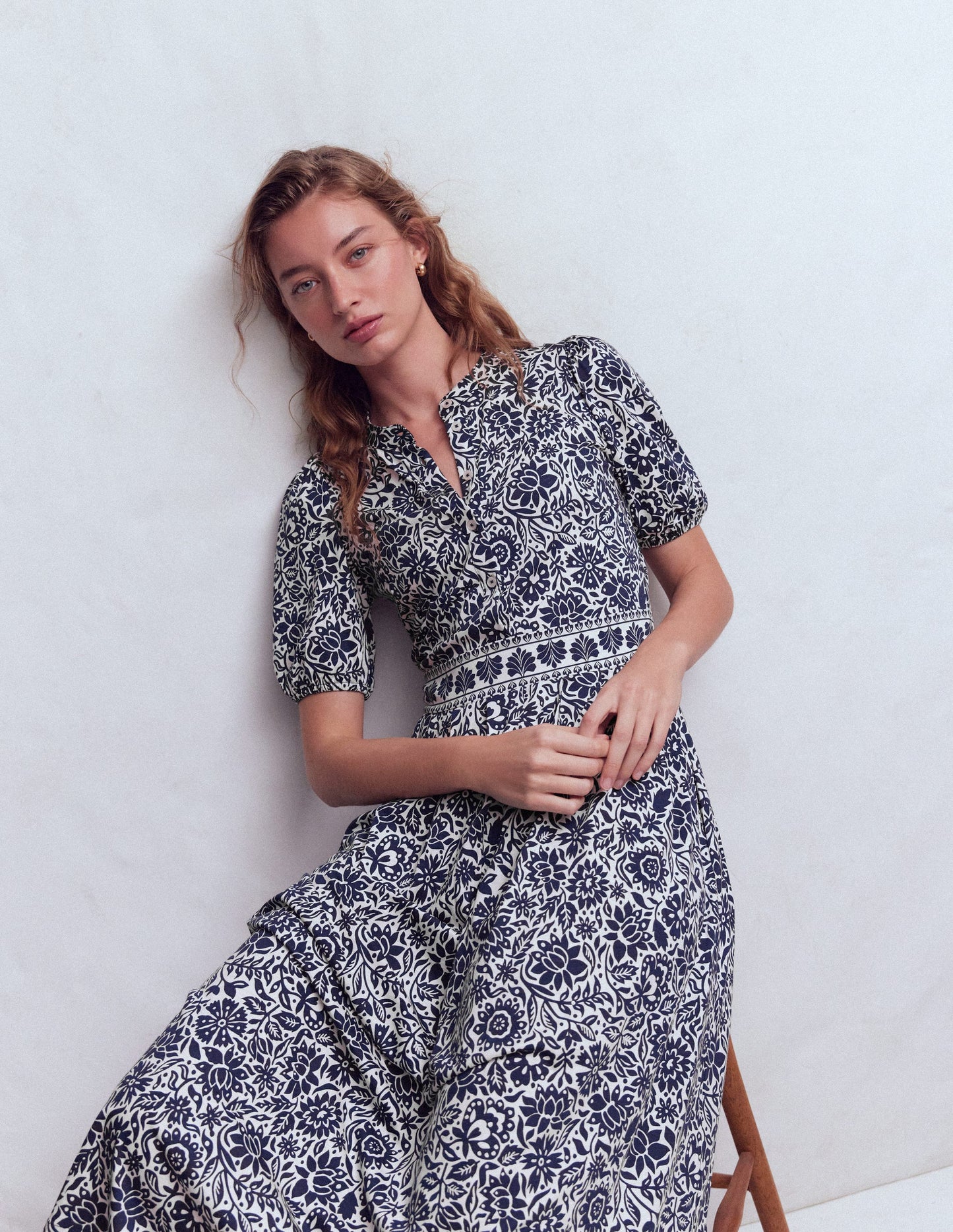 Amber Pleat Jersey Midi Dress-French Navy, Meadow Scatter