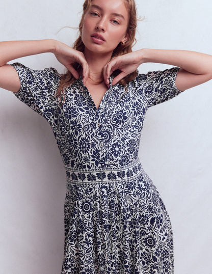 Amber Pleat Jersey Midi Dress-French Navy, Meadow Scatter-5