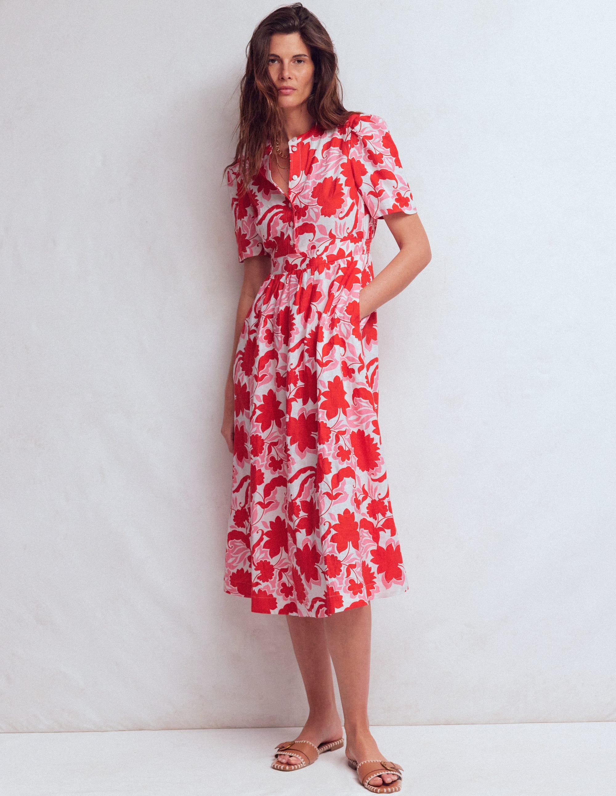 Ivy Leinen-Midikleid mit Knopfleiste-Rot Schattenblüte - Image 4
