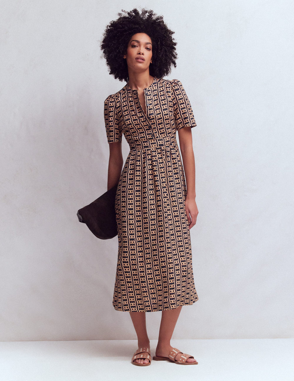 Robe midi Ivy boutonnée en lin-Bleu marine foncé, motif Rope Trellis - Image 1