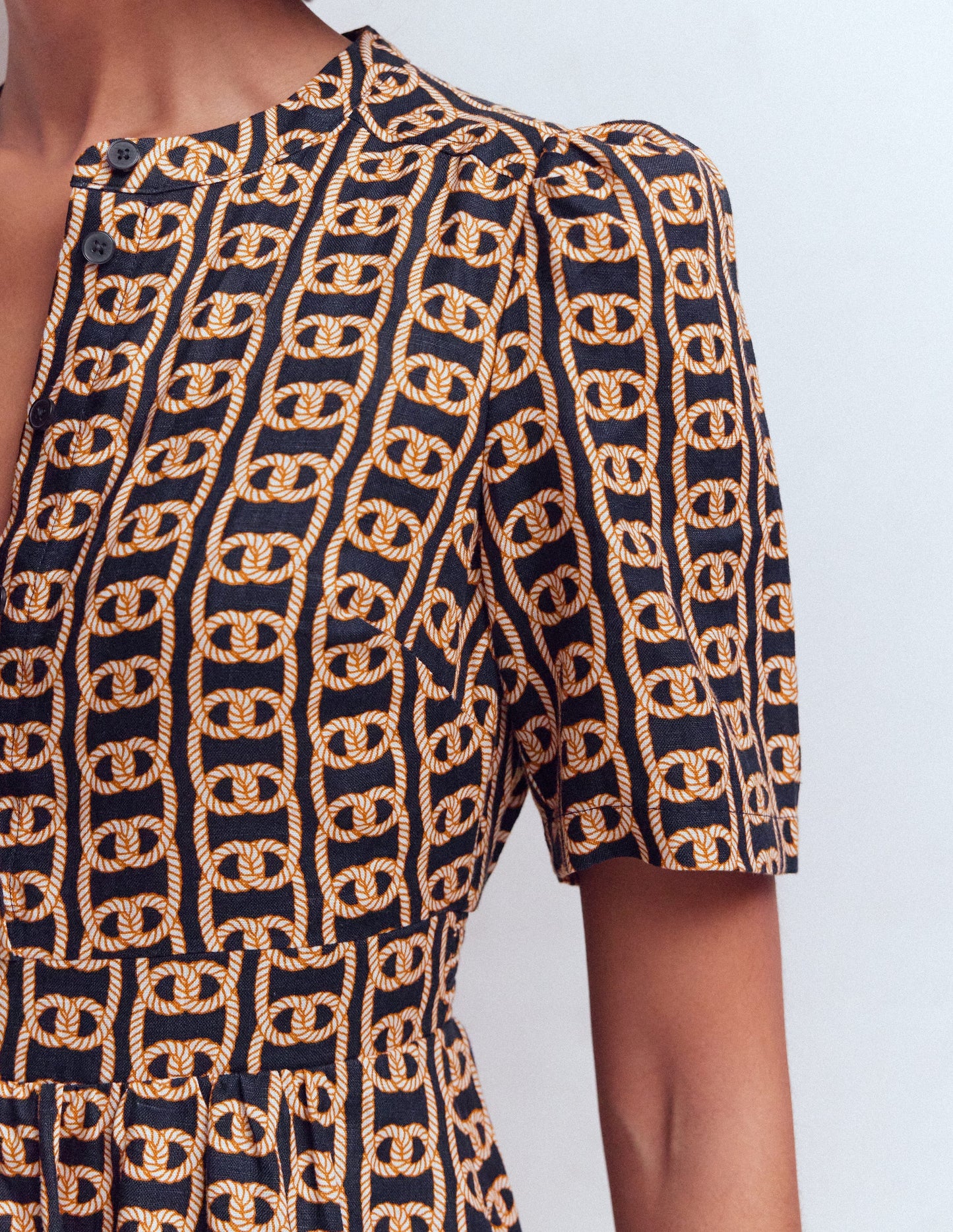 Robe midi Ivy en lin-Bleu marine foncé, motif Rope Trellis