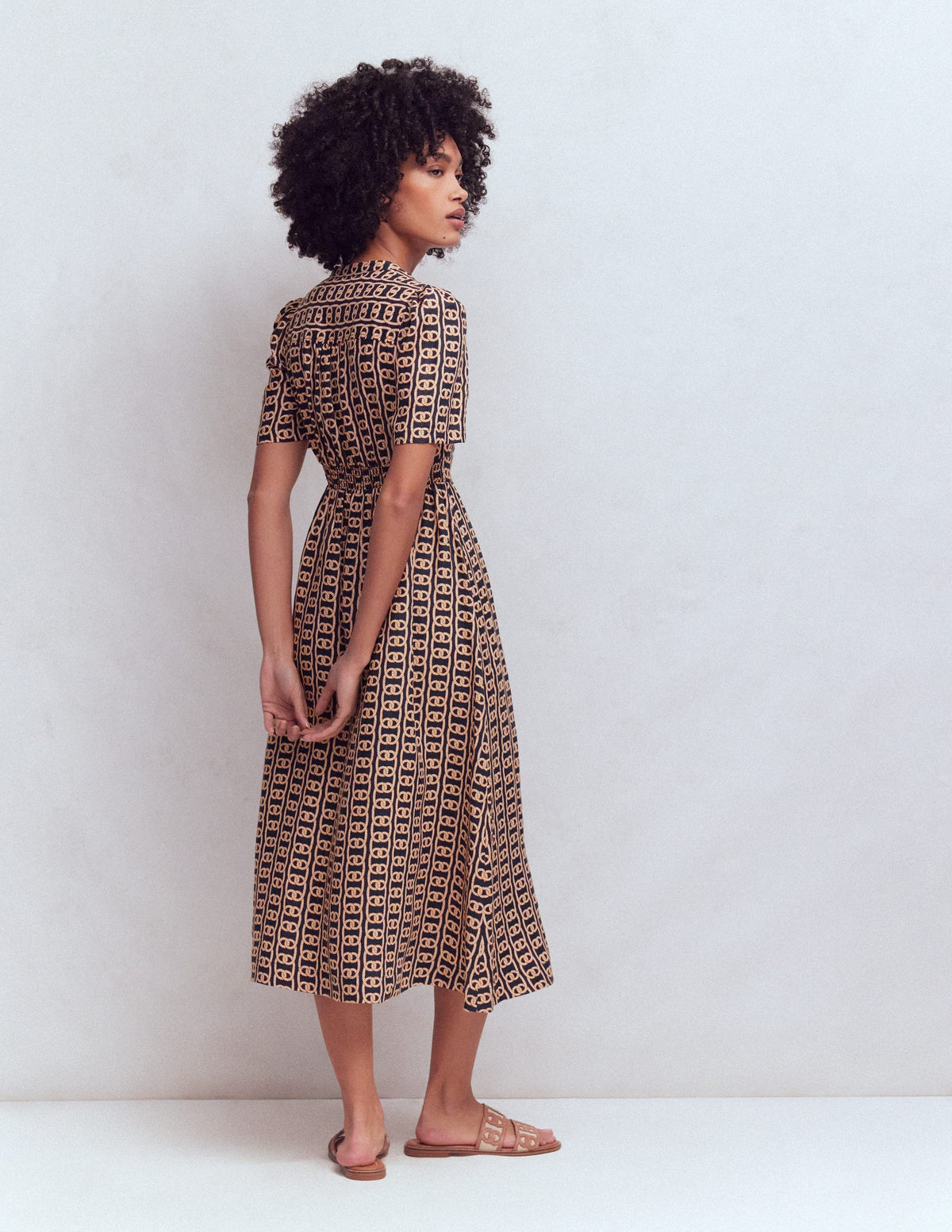 Robe midi Ivy boutonnée en lin-Bleu marine foncé, motif Rope Trellis - Image 3