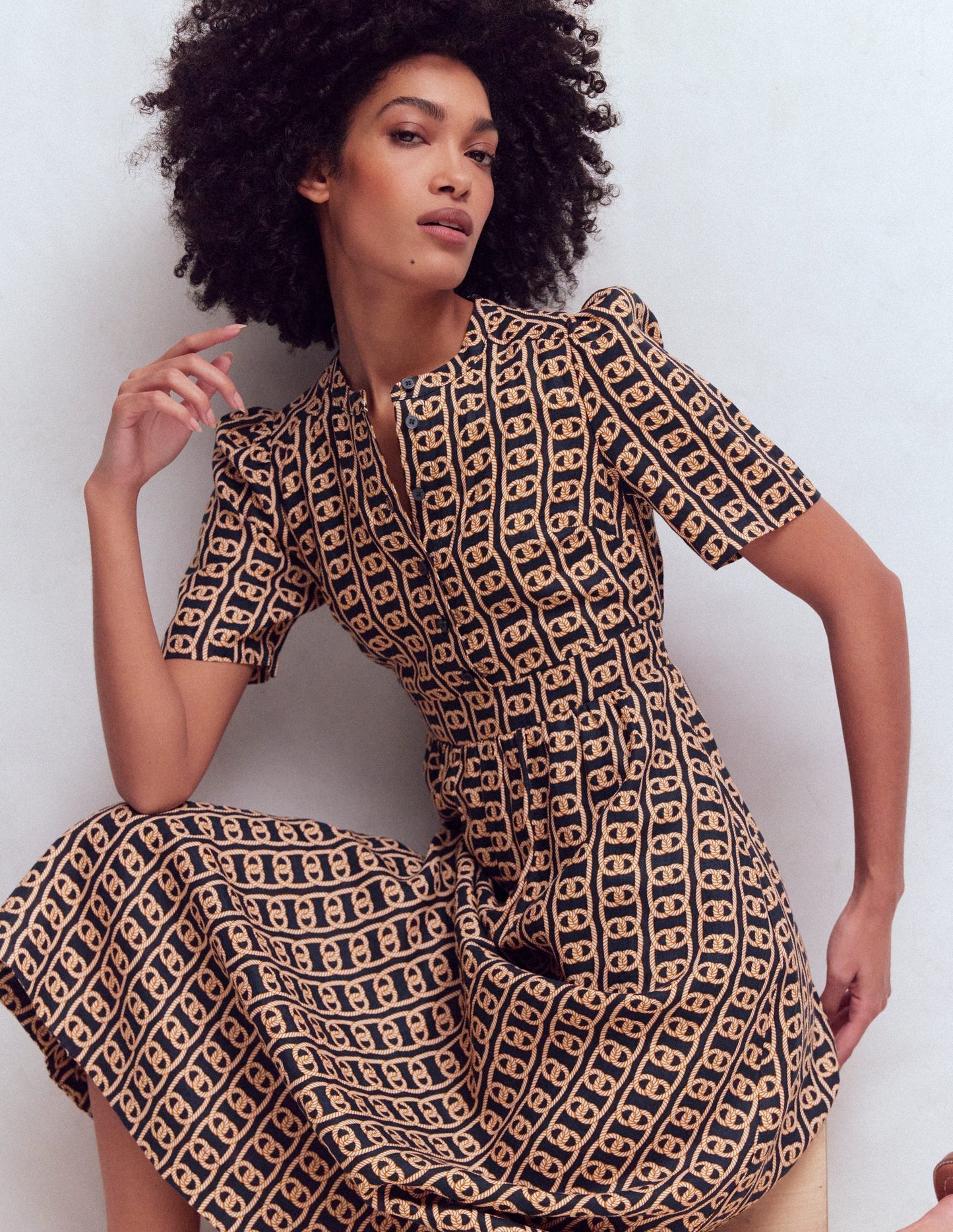 Robe midi Ivy en lin-Bleu marine foncé, motif Rope Trellis