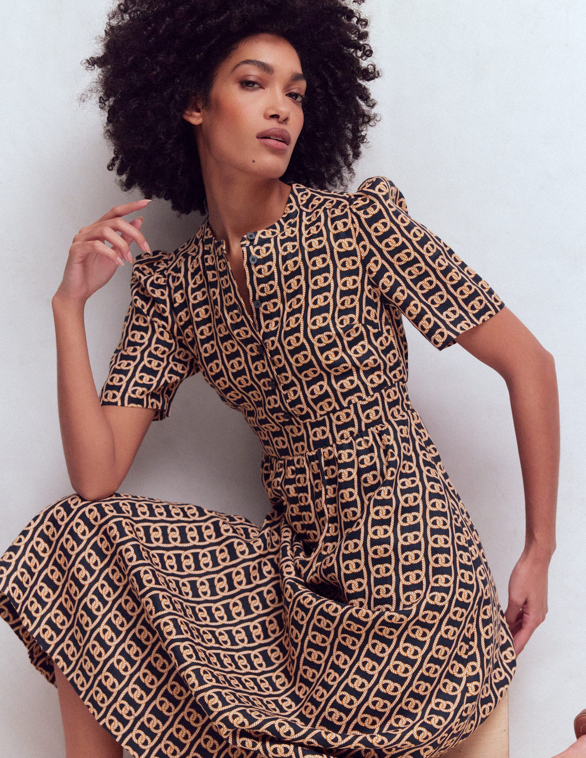 Robe midi Ivy boutonnée en lin-Bleu marine foncé, motif Rope Trellis - Image 5