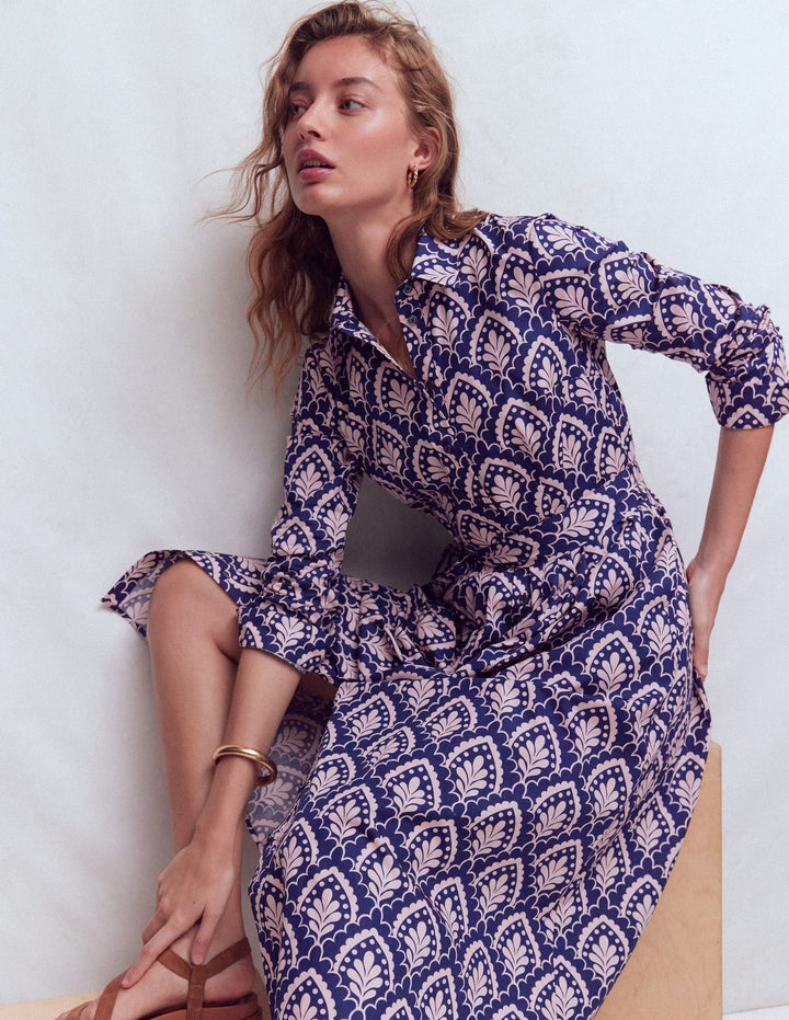 Alexa Midi-Hemdblusenkleid aus Baumwolle-Marineblau Blumenterrasse