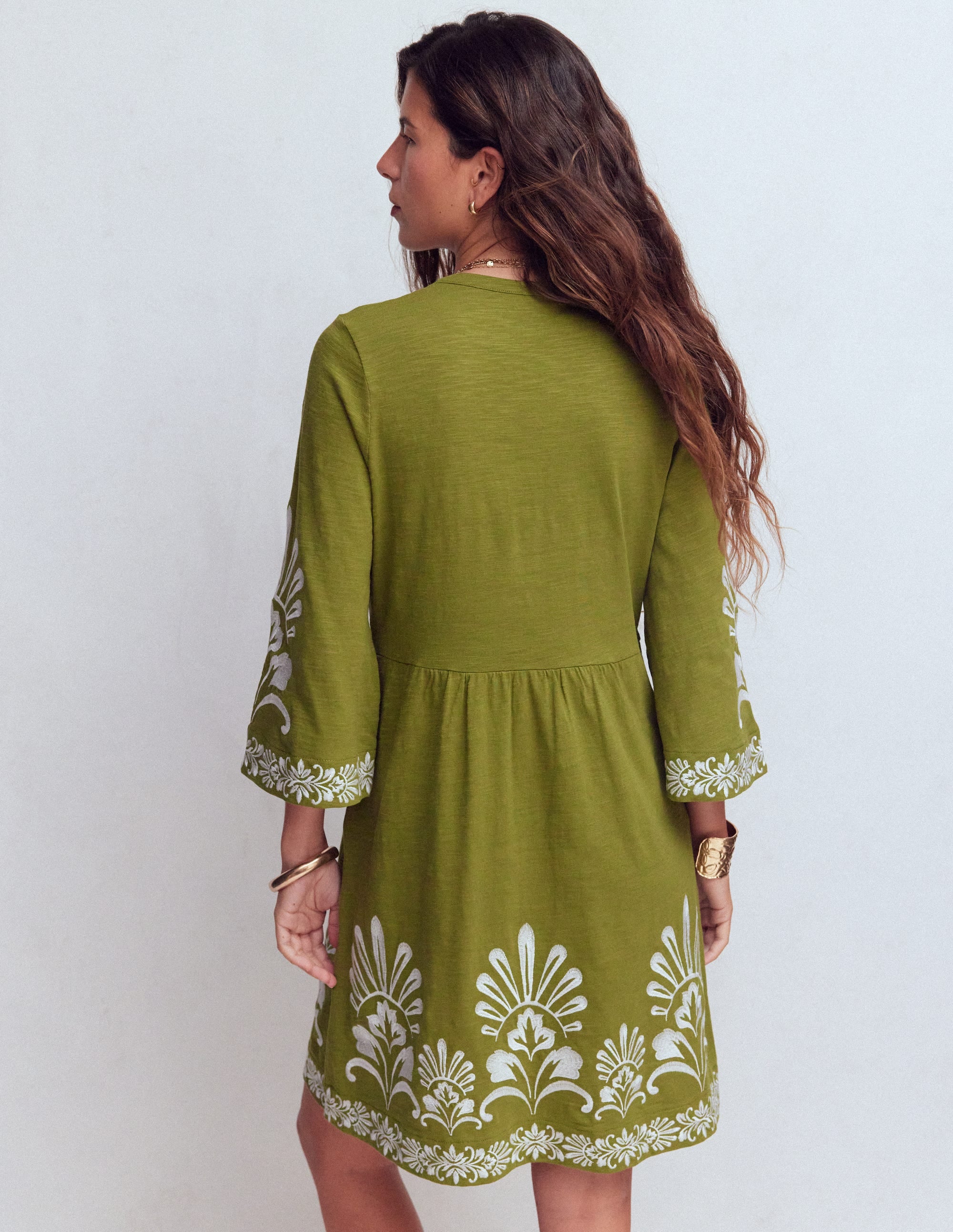Robe courte style caftan en jersey-Brodé kaki - Image 3