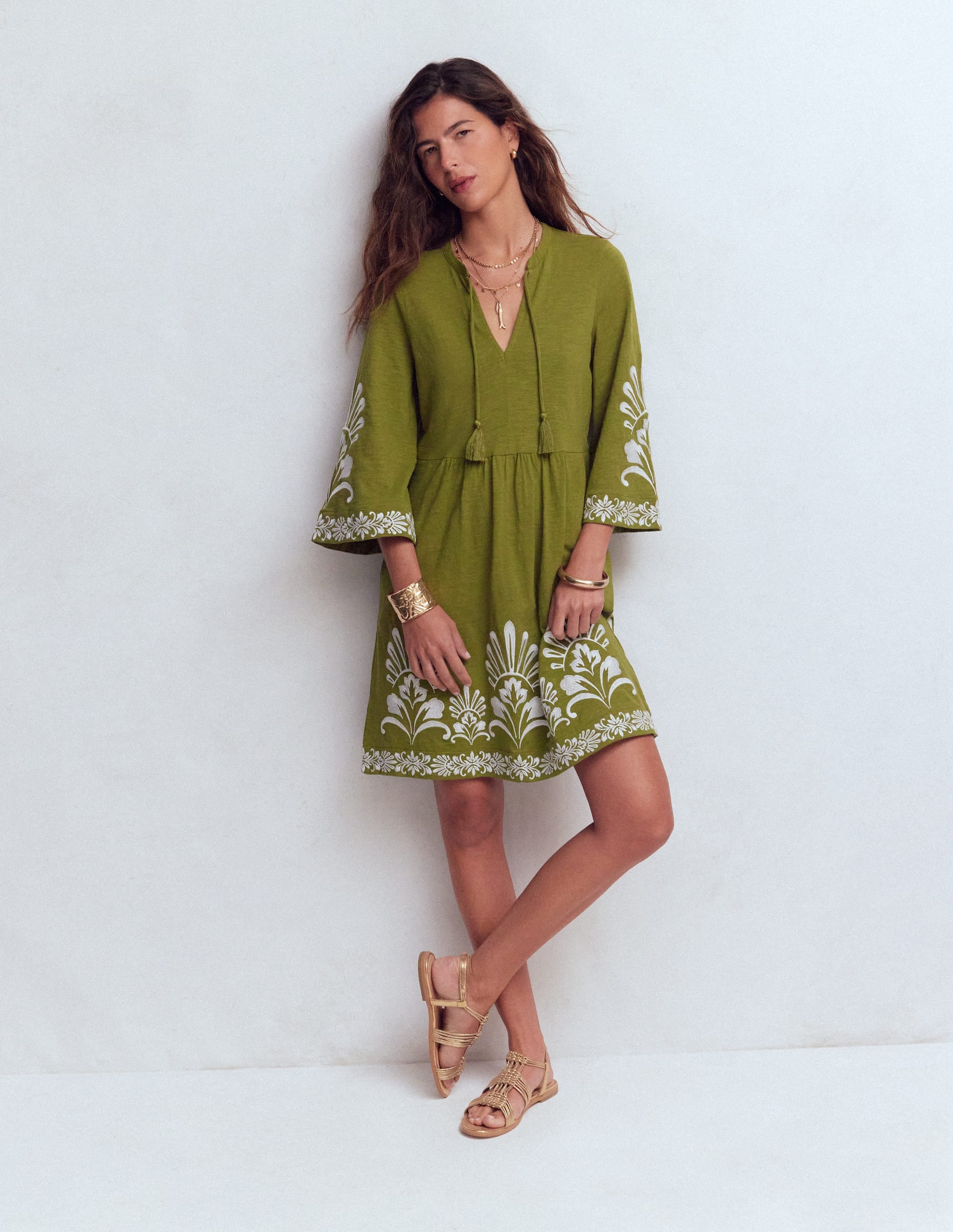 Robe courte style caftan en jersey-Brodé kaki - Image 4