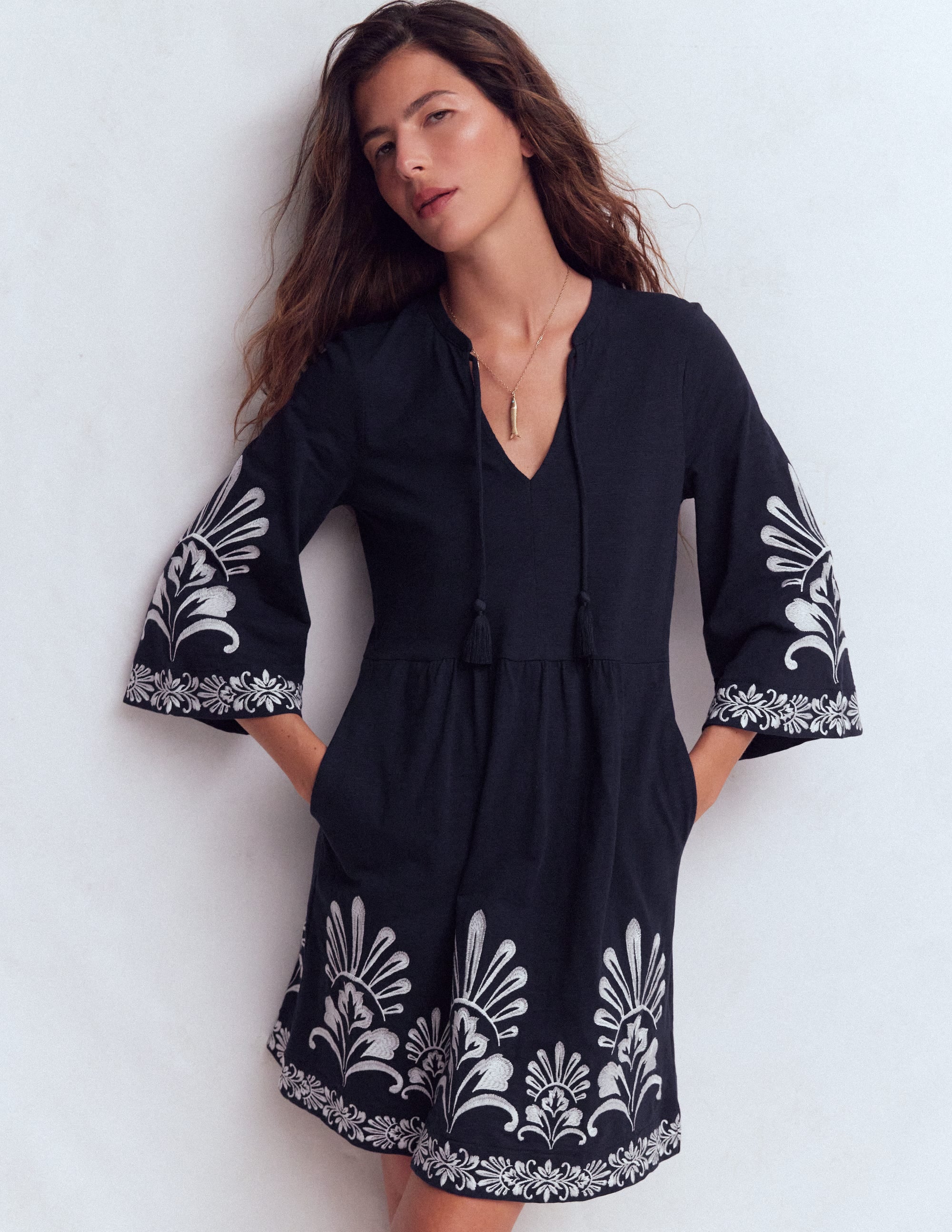Kurzes Jersey-Kaftankleid-Navy, Stickerei - Image 4