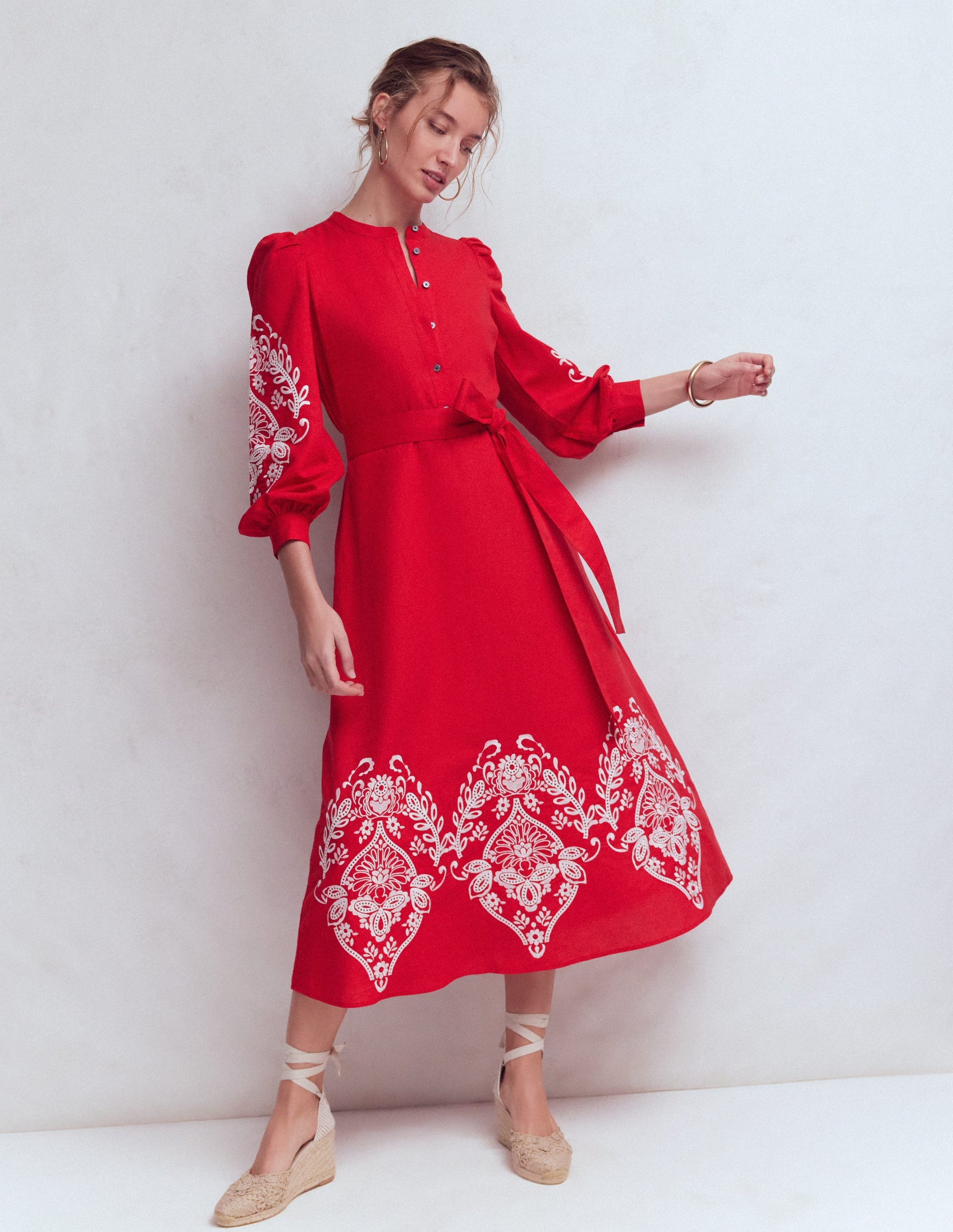 Ava Linen Blend Midi Dress-Red Embroiderie-1