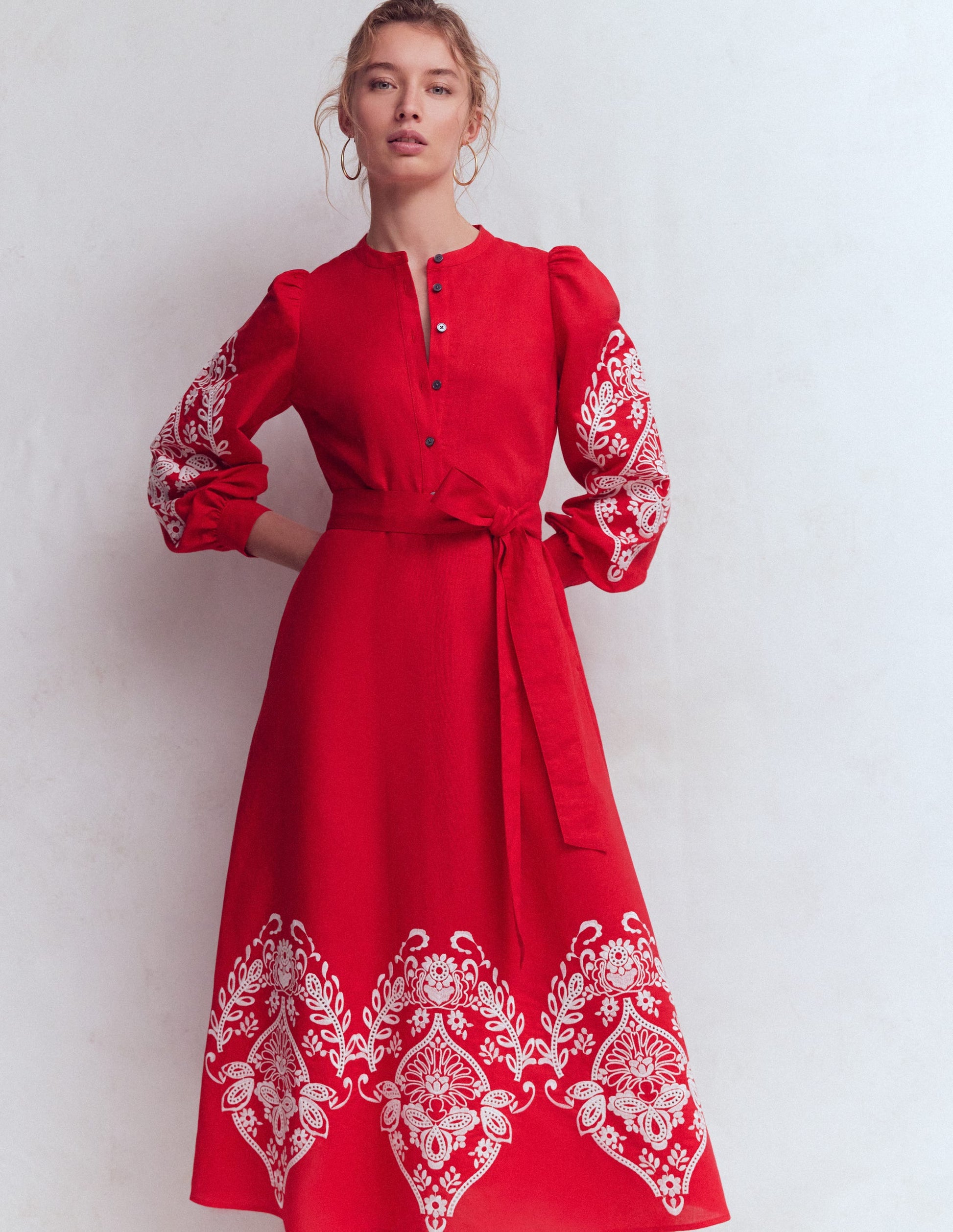 Ava Linen Blend Midi Dress-Red Embroiderie-4