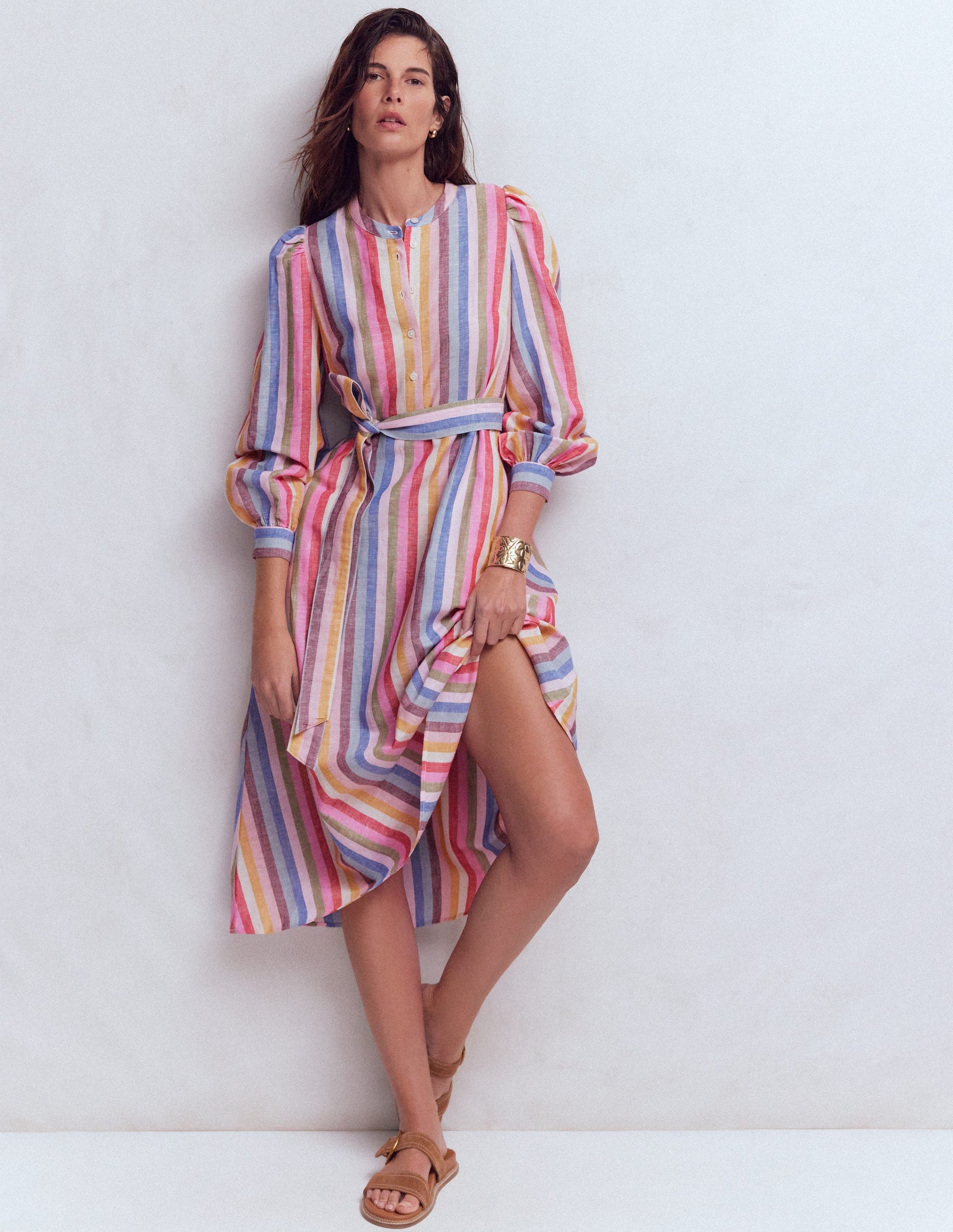 Ava Midikleid aus Leinenmischgewebe-Rosa, Grün, Lila Bunt-1