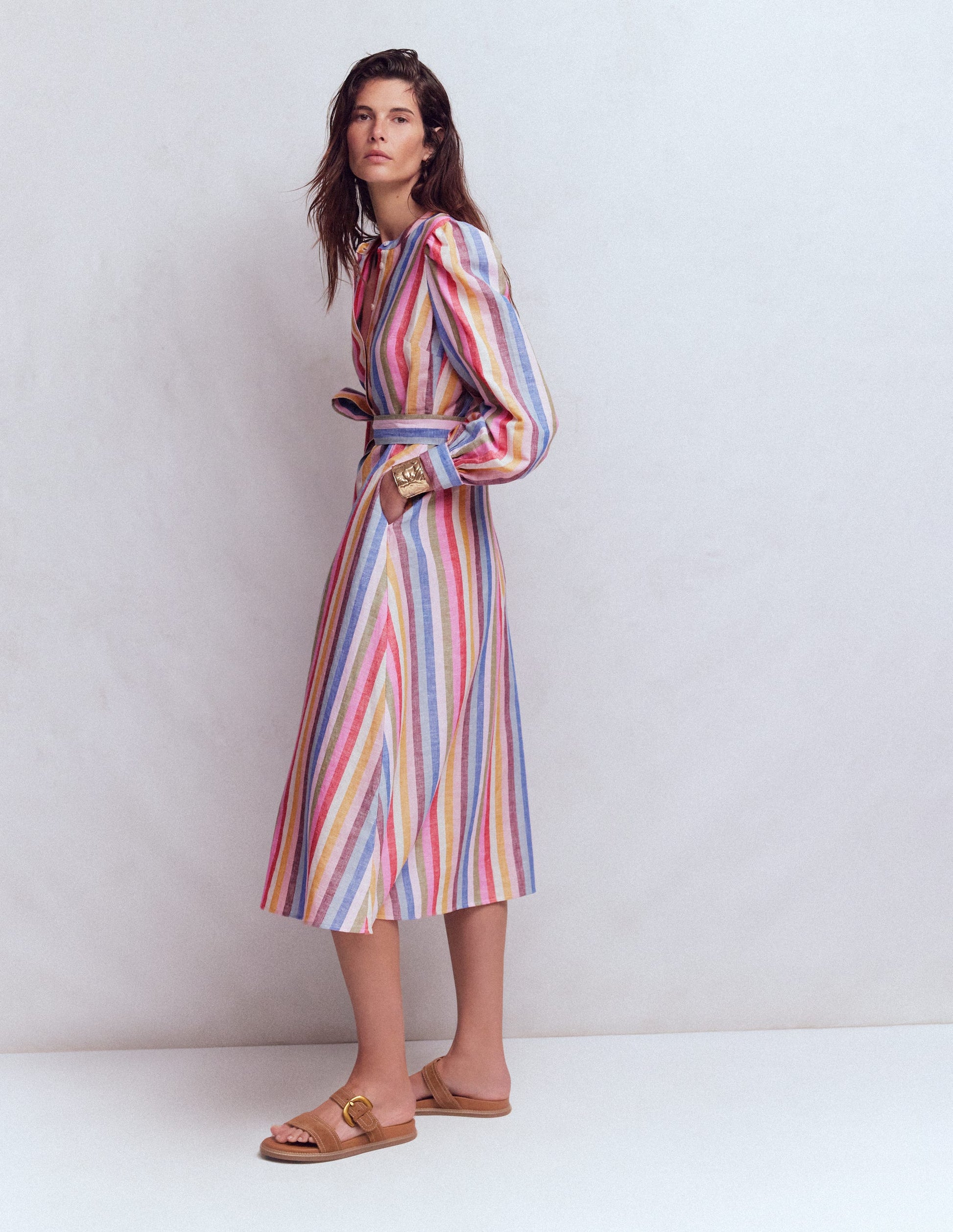 Ava Midikleid aus Leinenmischgewebe-Rosa, Grün, Lila Bunt-4