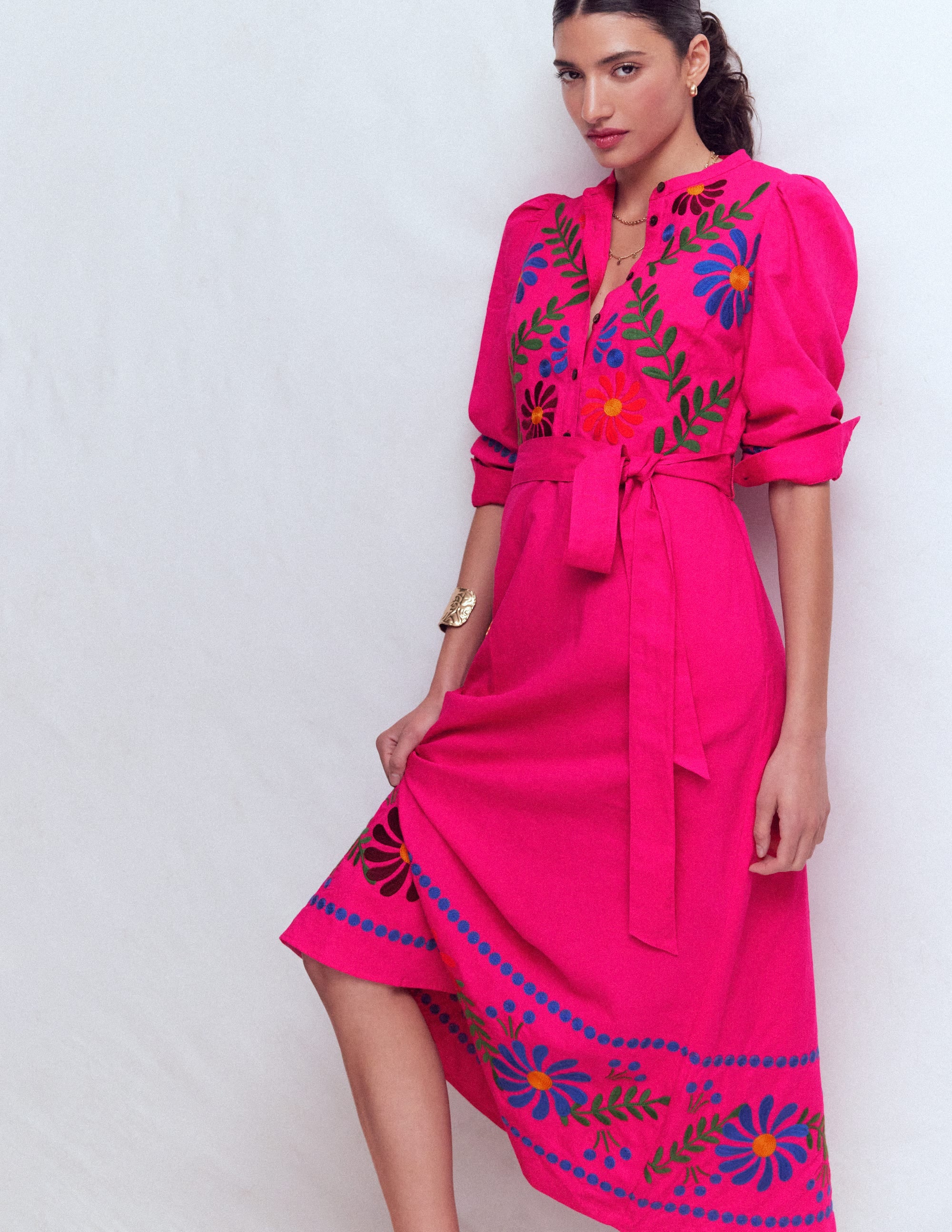 Robe midi Ava en lin mélangé-Broderie multi - Image 1