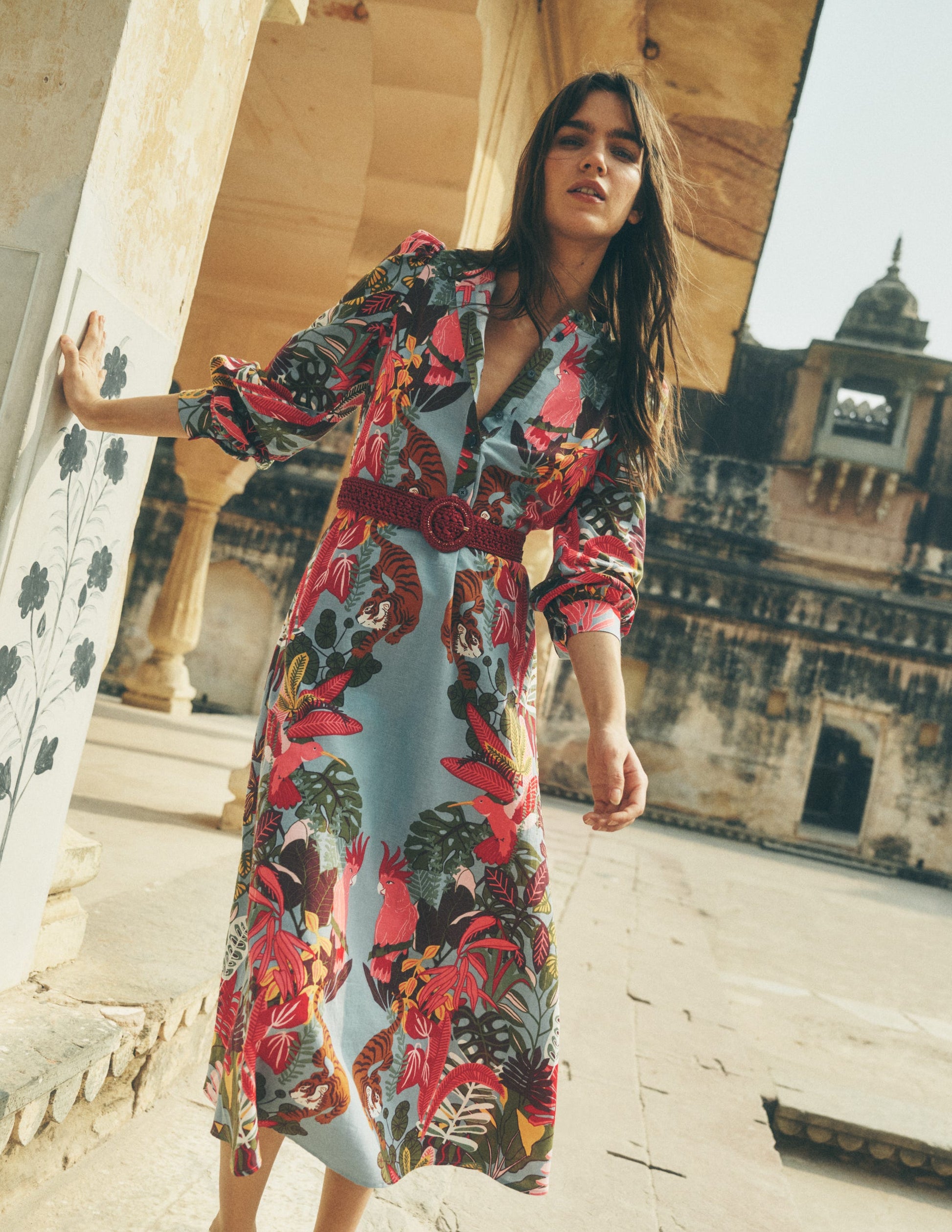 Ava Linen Blend Midi Dress-Blue Tropical Safari Placement-1