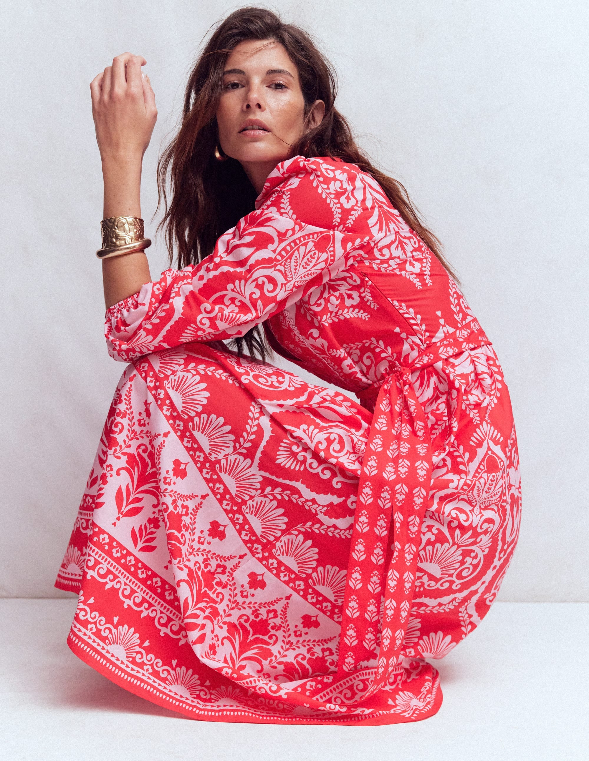 Robe midi Cary en coton-Motif Ornamental Garden Mono rouge - Image 4