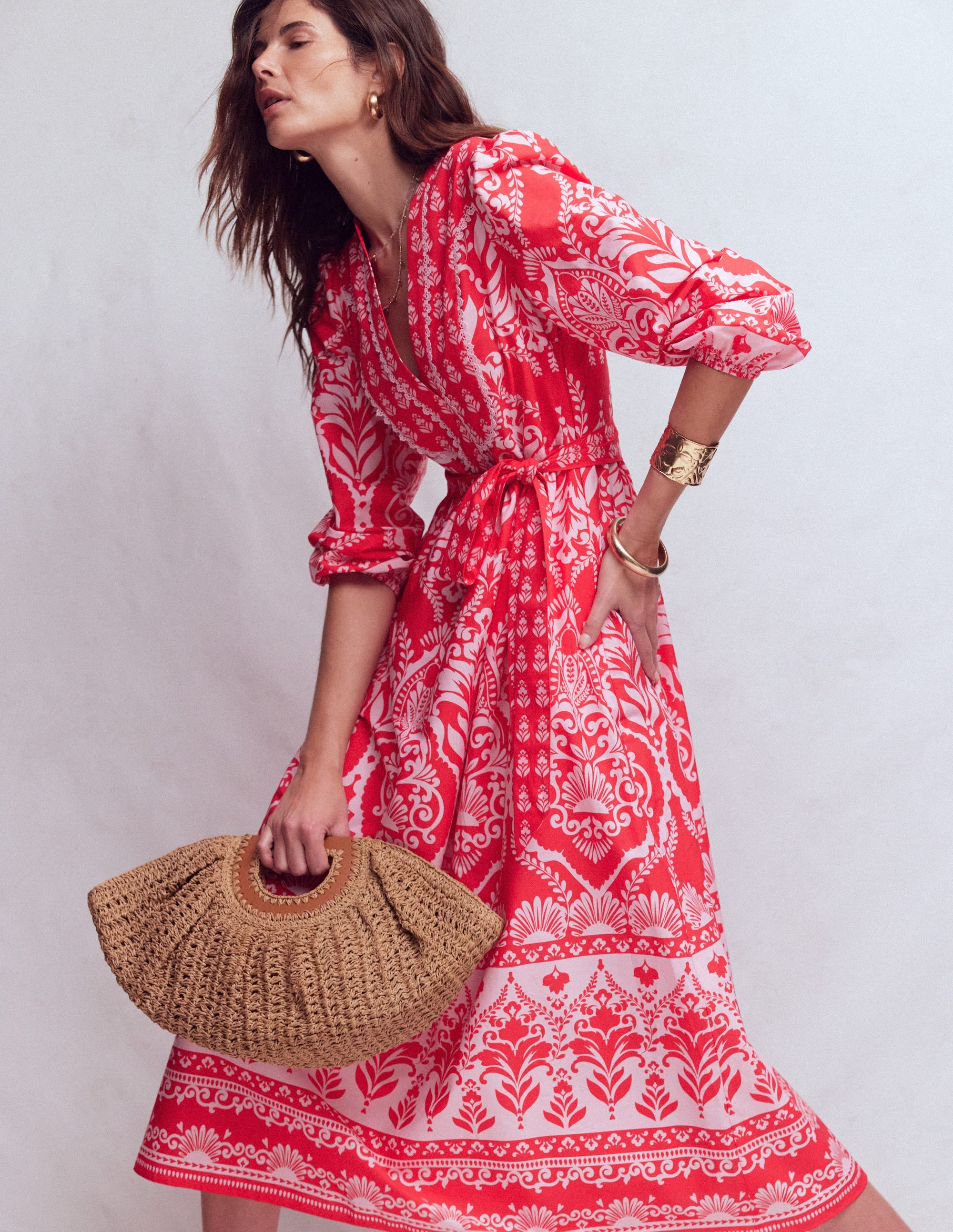 Robe midi Cary en coton-Motif Ornamental Garden Mono rouge - Image 5