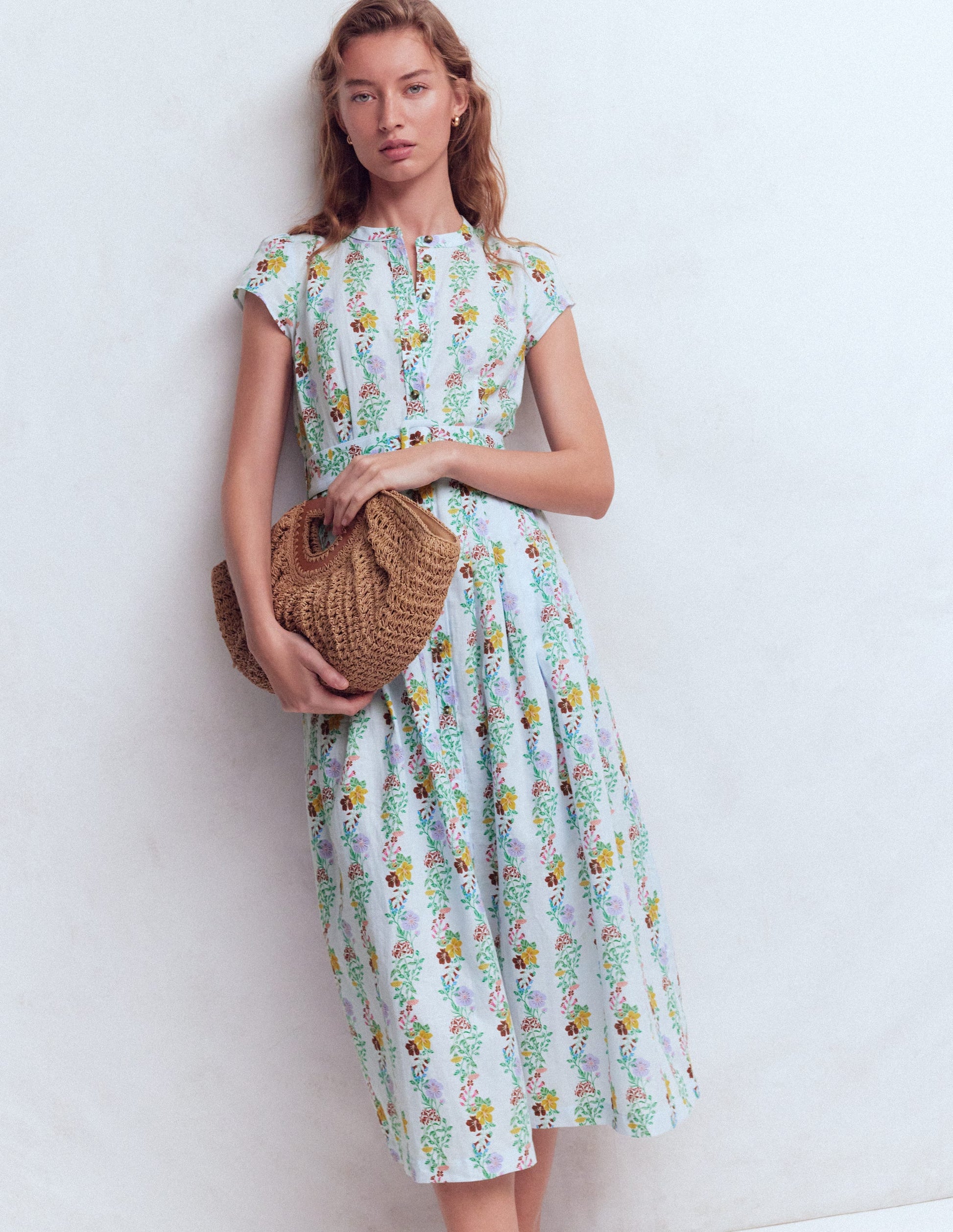 Arabella Linen Blend Dress - Ice Cube Blue, Blossom Trail