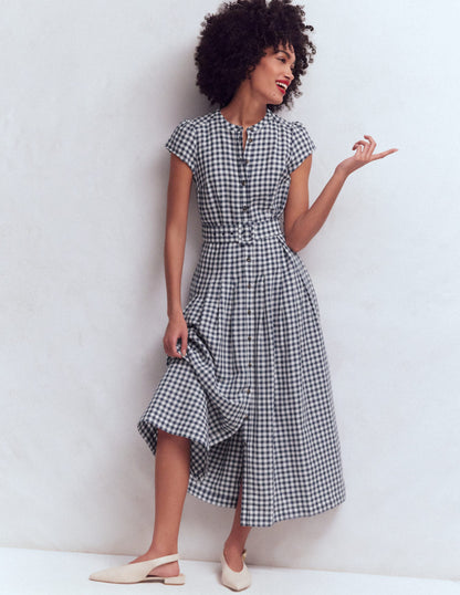 Arabella Linen Blend Dress-Blue Gingham-4