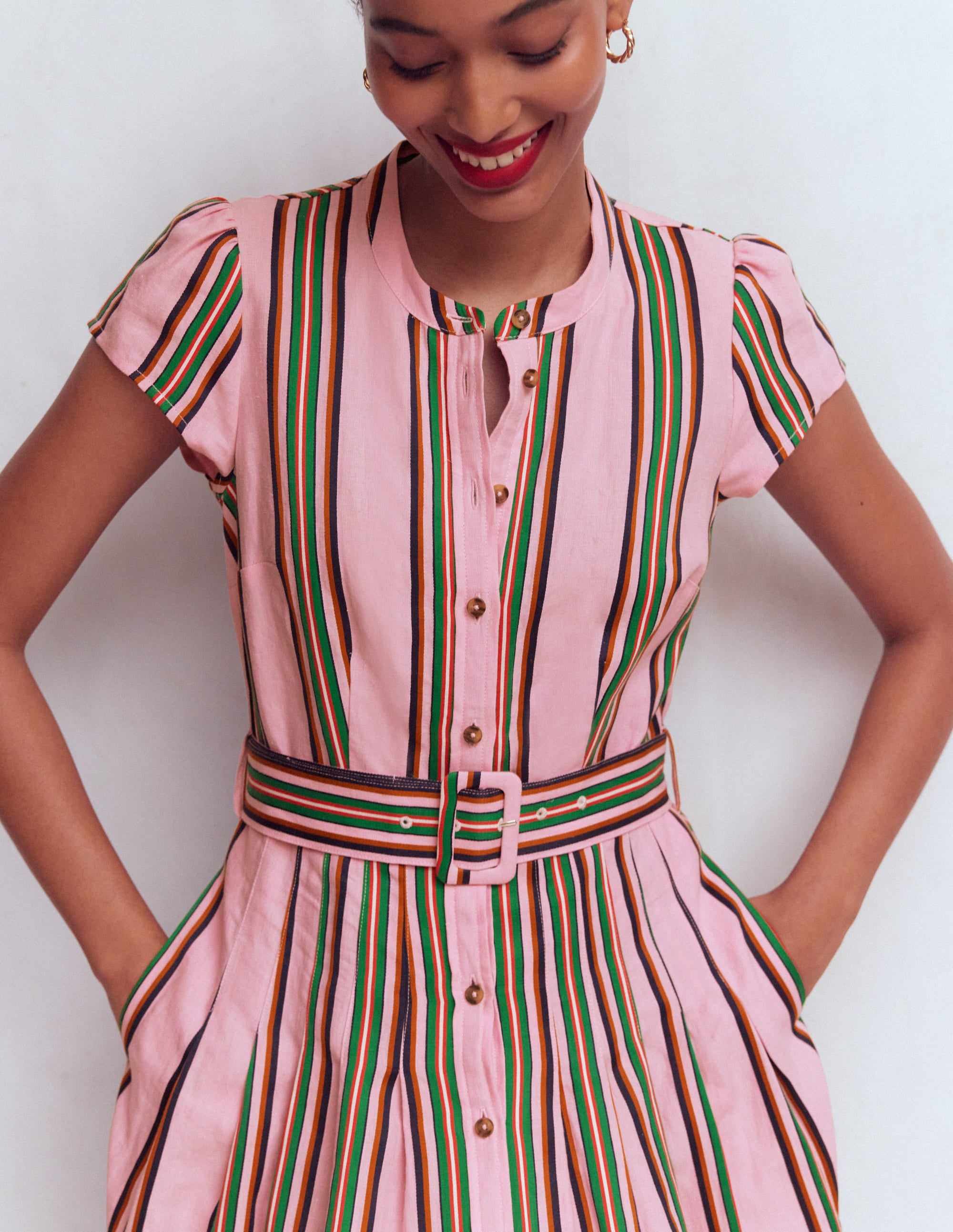 Arabella Kleid aus Leinenmischgewebe-Rosa, Sattes Smaragdgrün Streifen - Image 2