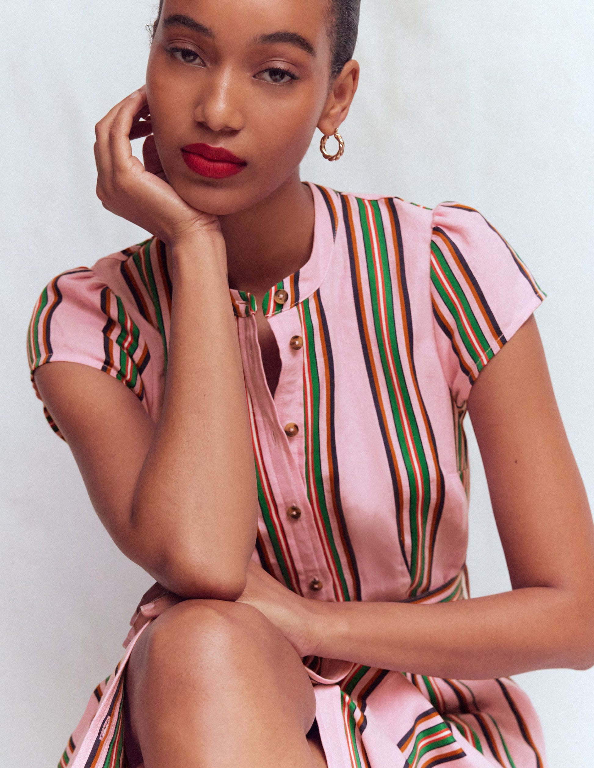 Arabella Kleid aus Leinenmischgewebe-Ackerbohnengrün/Pink, Gestreift-5