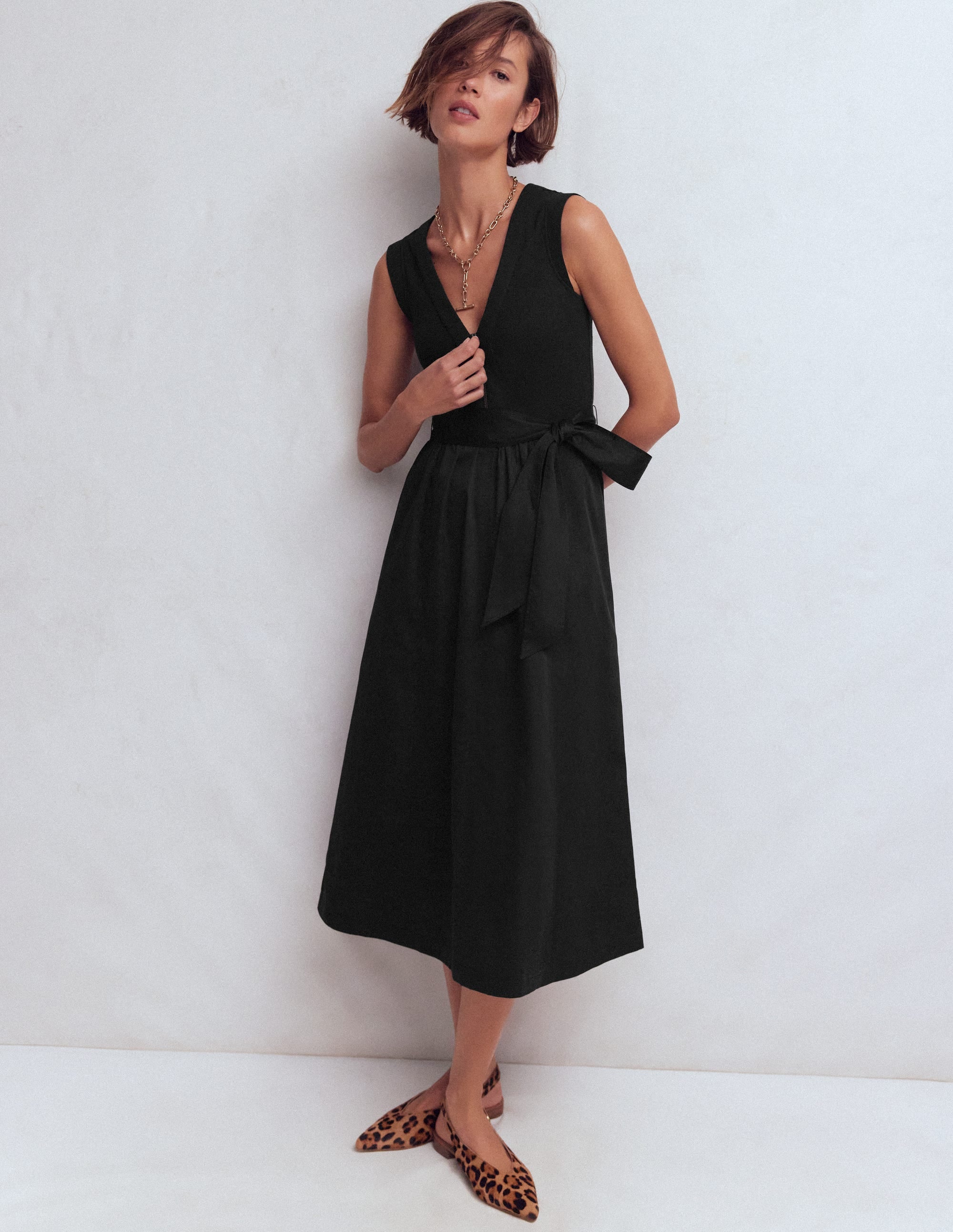 Robe zippée sur le devant en mélange de techniques-Noir - Image 1