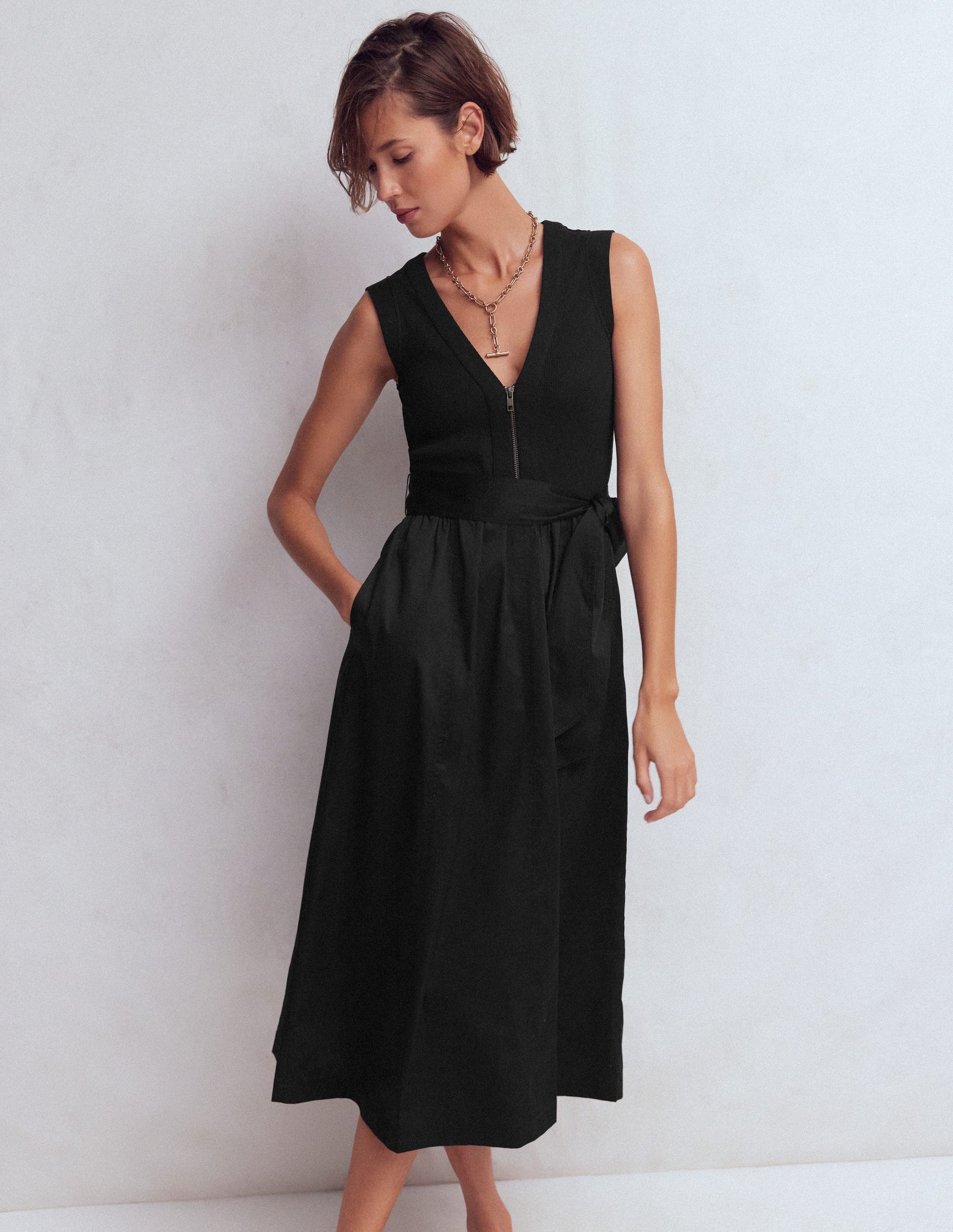 Robe zippée sur le devant en mélange de techniques-Noir-5