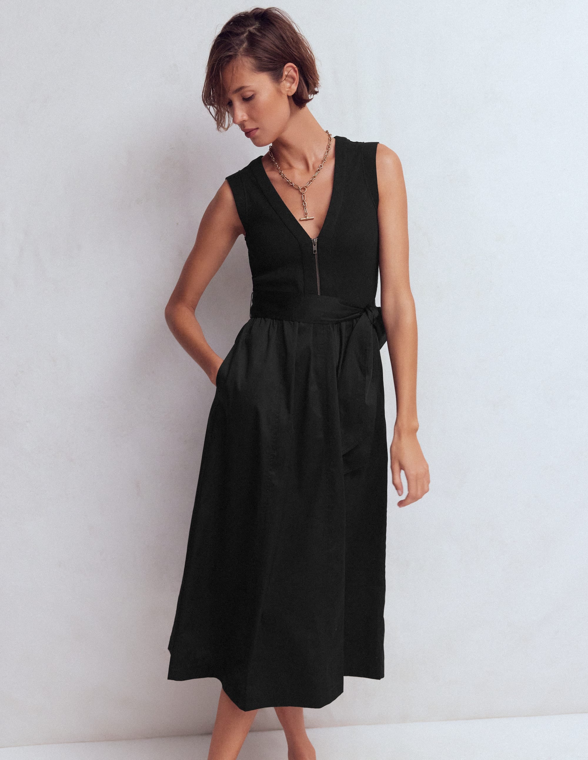 Robe zippée sur le devant en mélange de techniques-Noir - Image 5