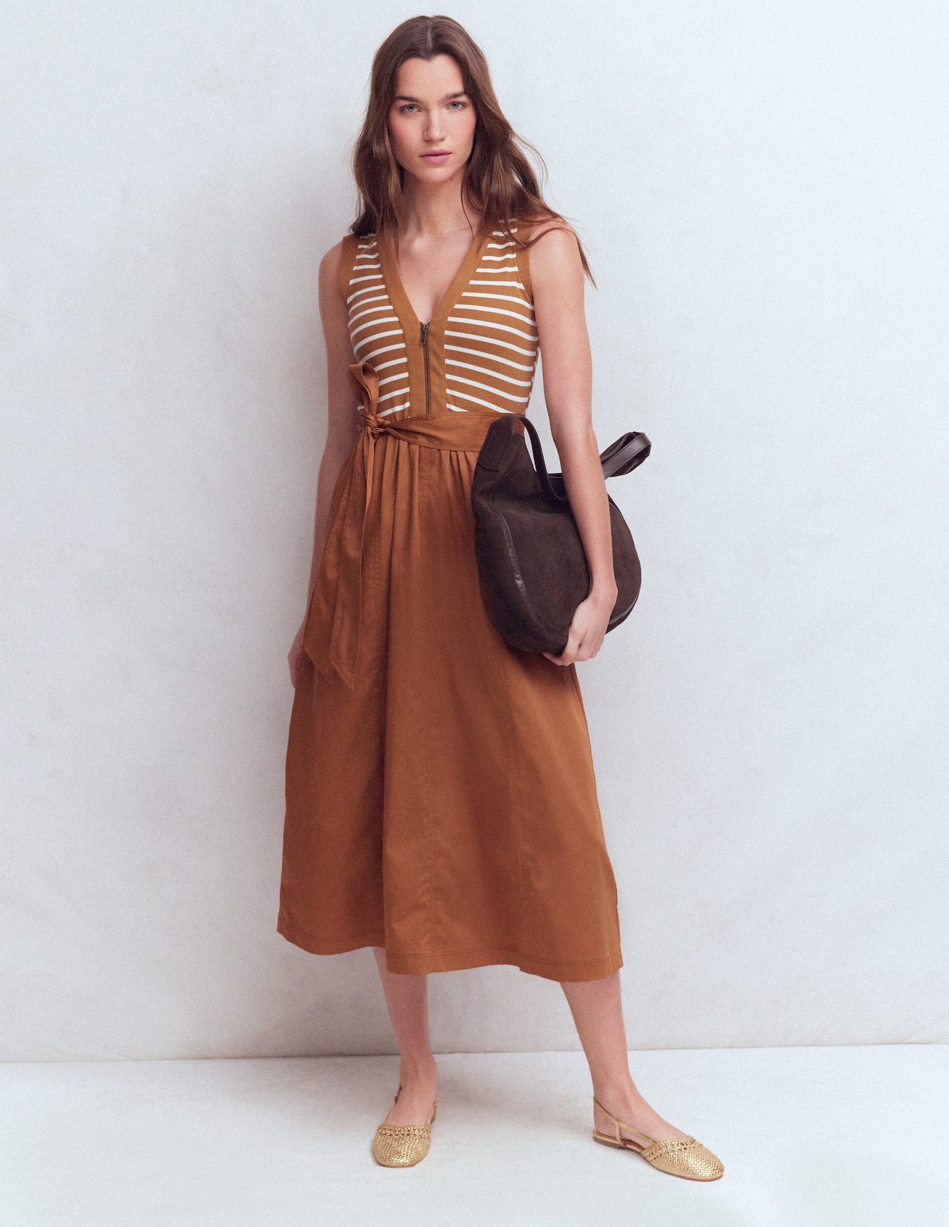 Robe zippée sur le devant en mélange de techniques-Rayé gingembre et ivoire-2