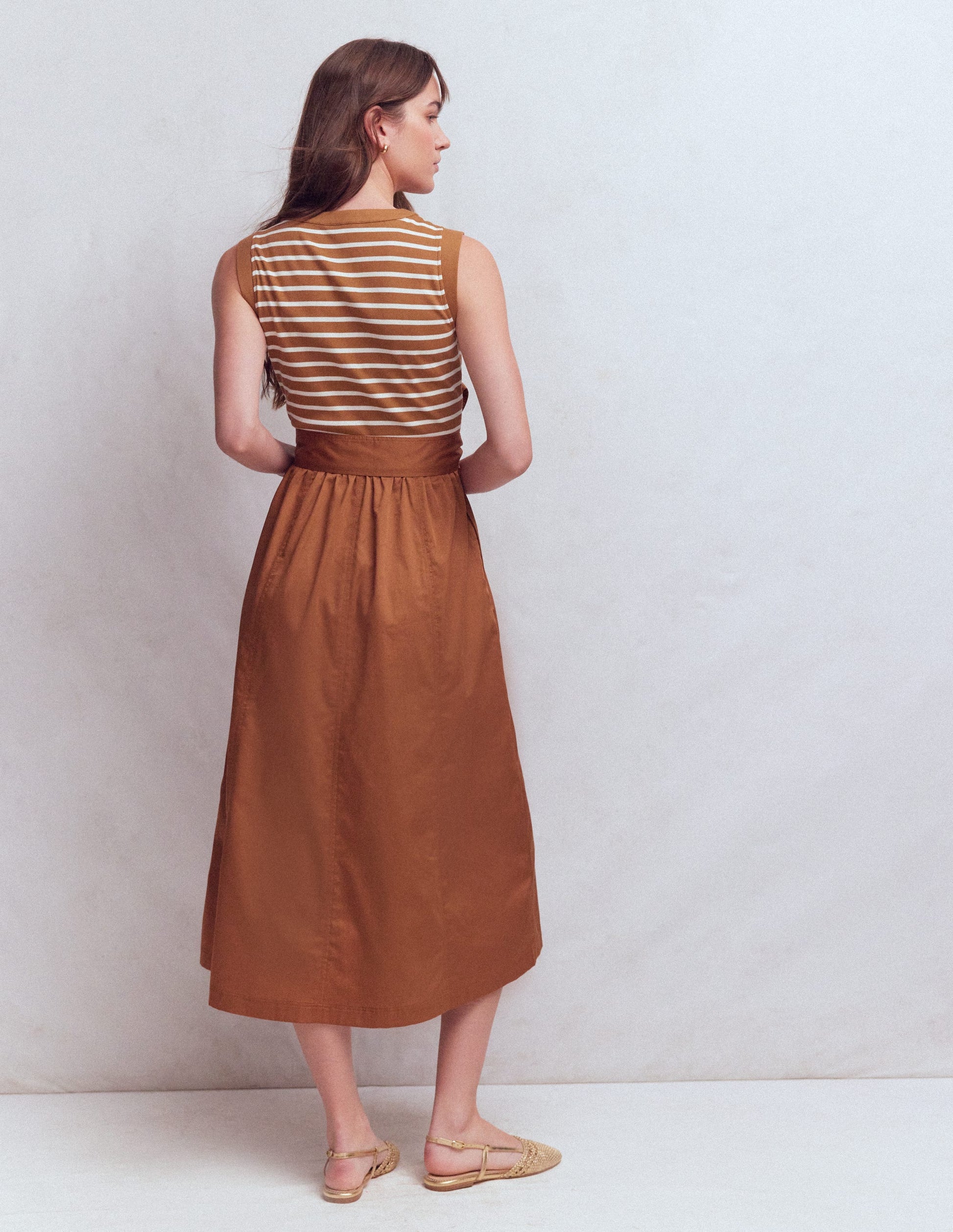 Robe zippée sur le devant en mélange de techniques-Rayé gingembre et ivoire-4