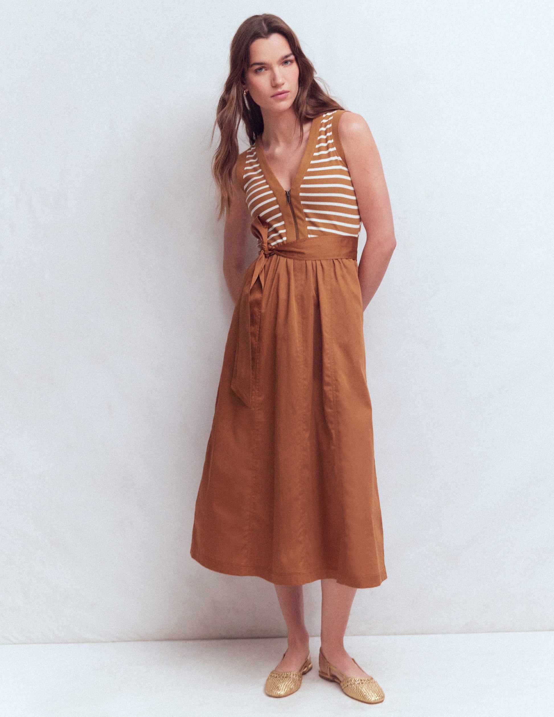 Robe zippée sur le devant en mélange de techniques-Rayé gingembre et ivoire-5