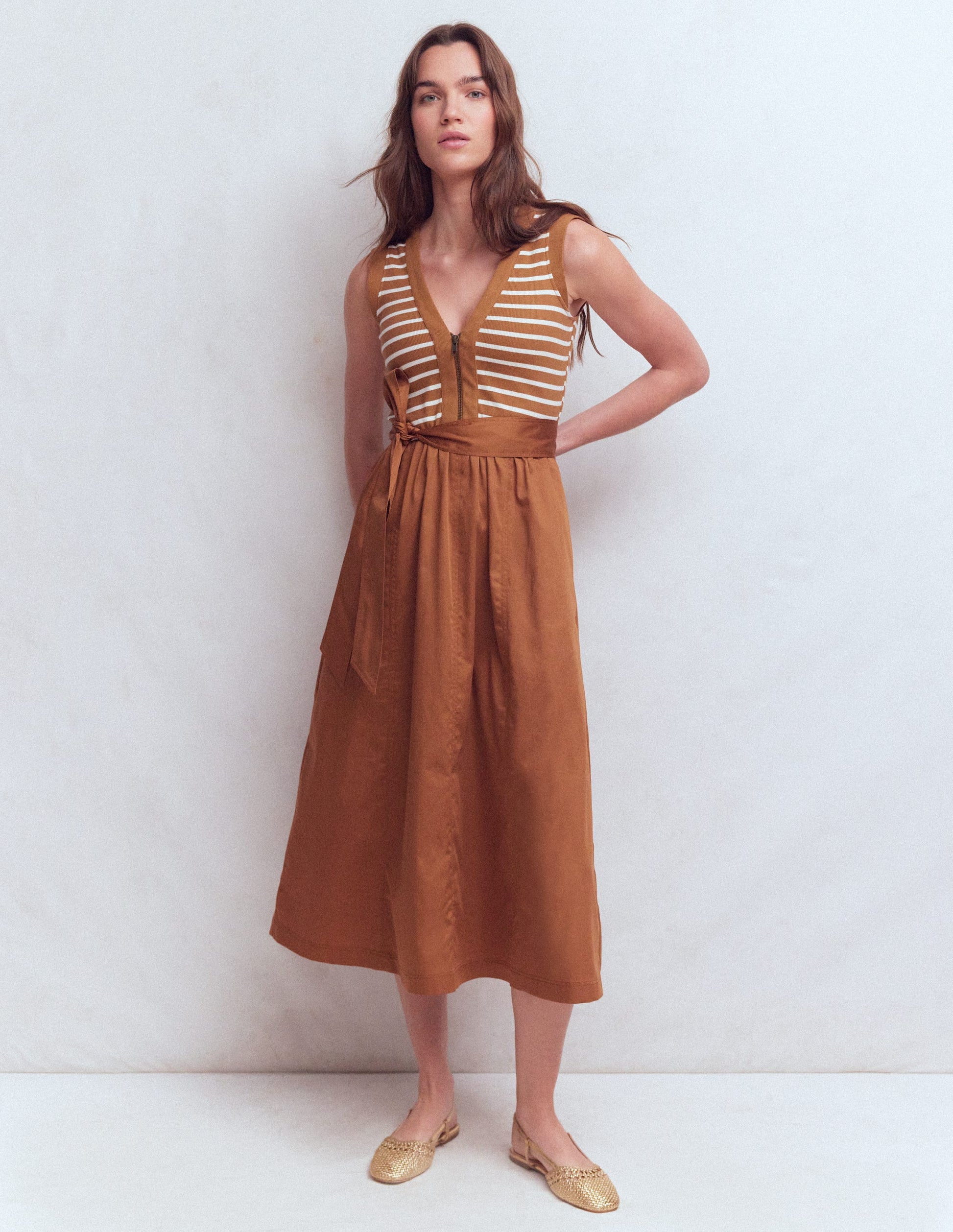 Robe zippée sur le devant en mélange de techniques-Rayé gingembre et ivoire-6