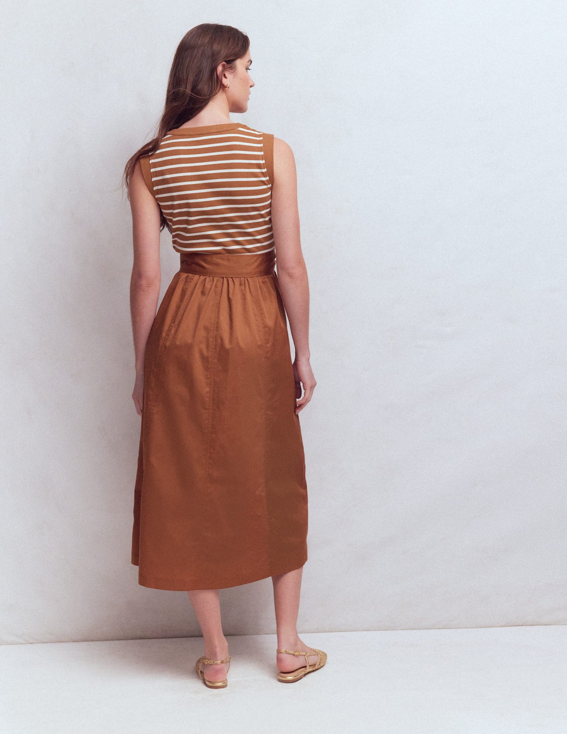 Robe zippée sur le devant en mélange de techniques-Rayé gingembre et ivoire-7