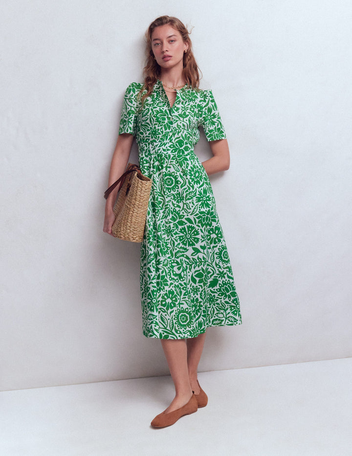 Ivy Baumwoll-Midikleid mit Knopfleiste-Saftiges Grün, Großflächiges Wiesenmuster
