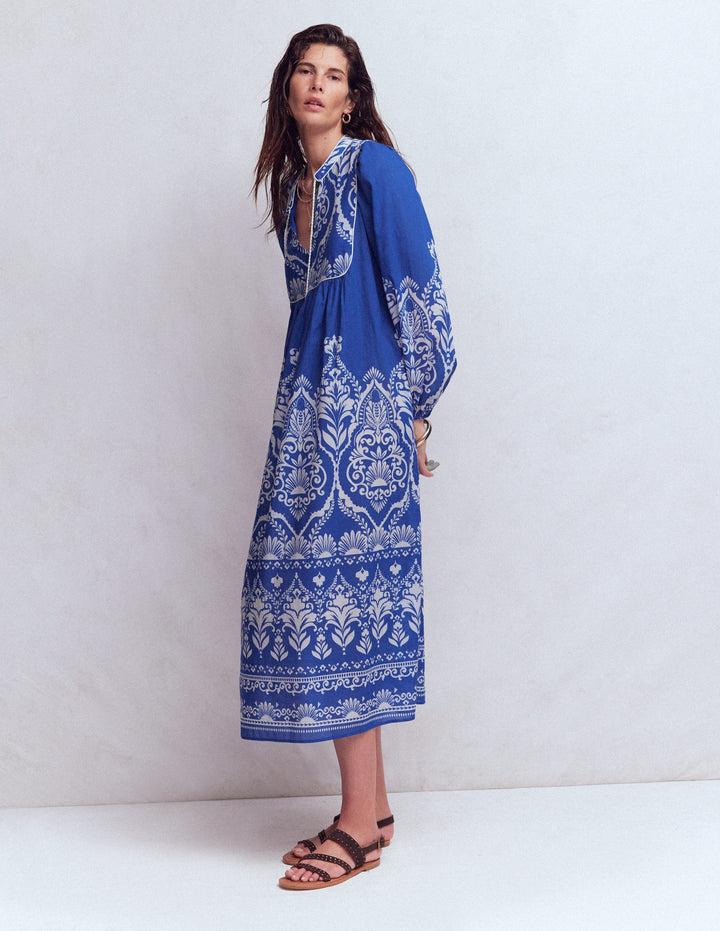 Boho-Kaftan mit Bindeband am Ausschnitt-Blau Ziergarten