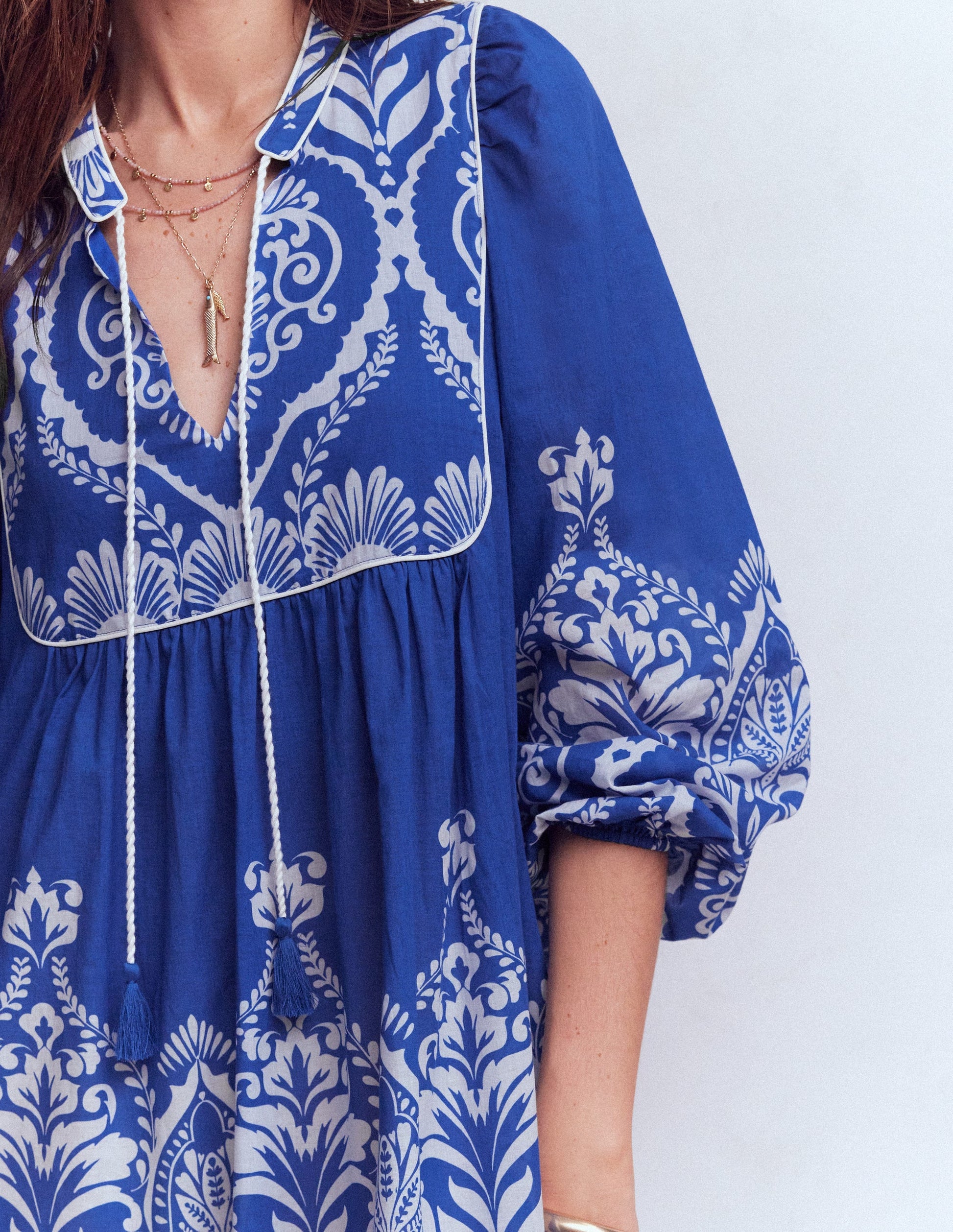 Boho Tie Neck Kaftan-Blue Ornamental Garden-2