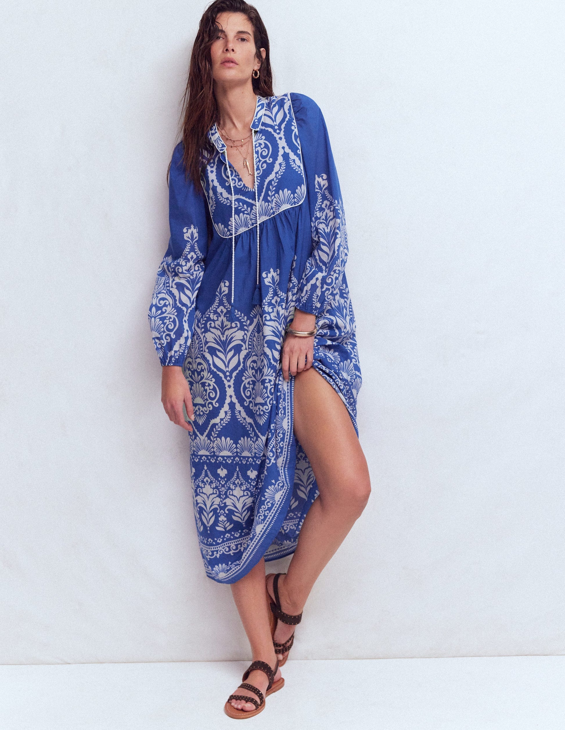 Boho Tie Neck Kaftan-Blue Ornamental Garden-4