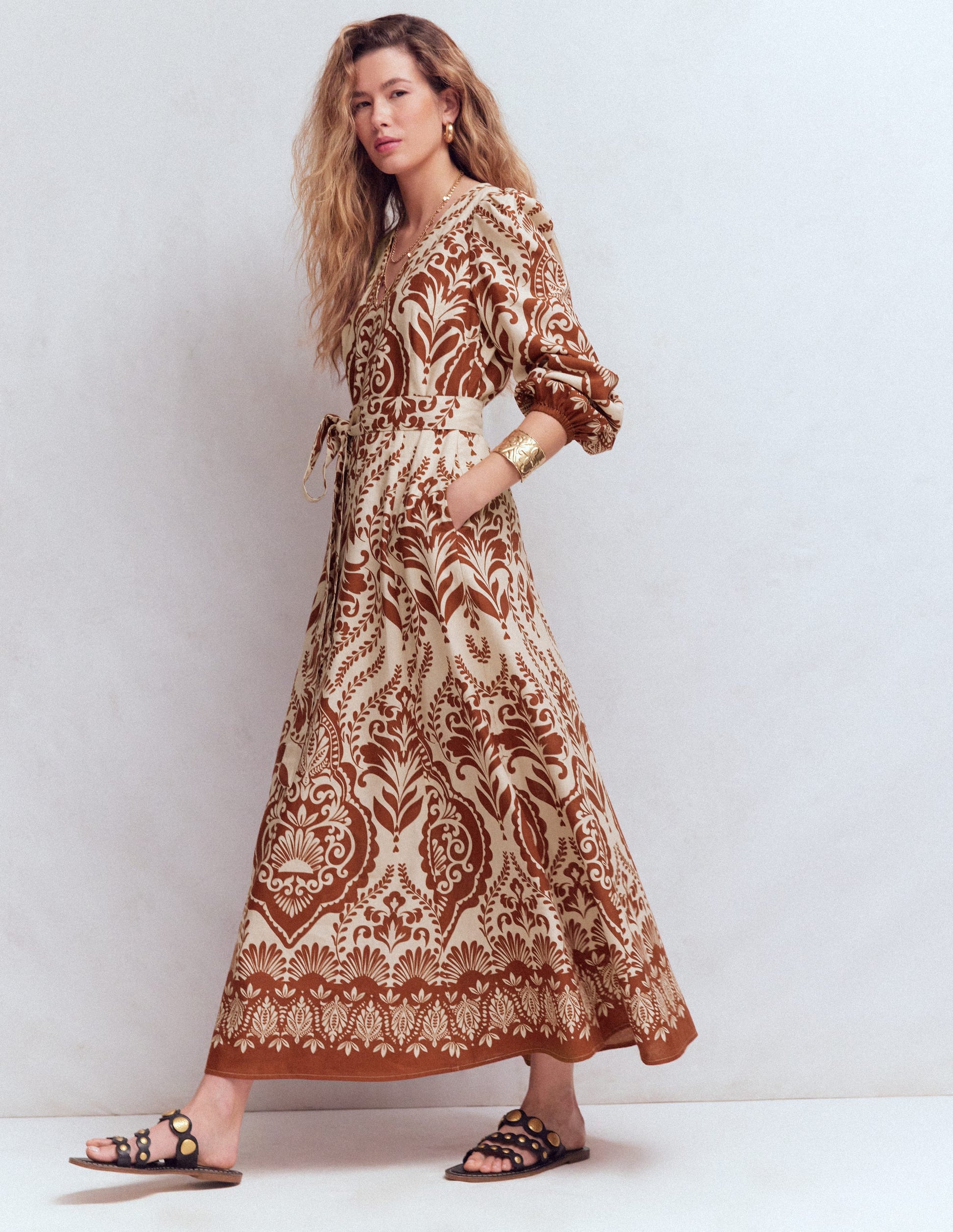 Robe Florence en lin mélangé-Orange, motif Ornamental Garden-1