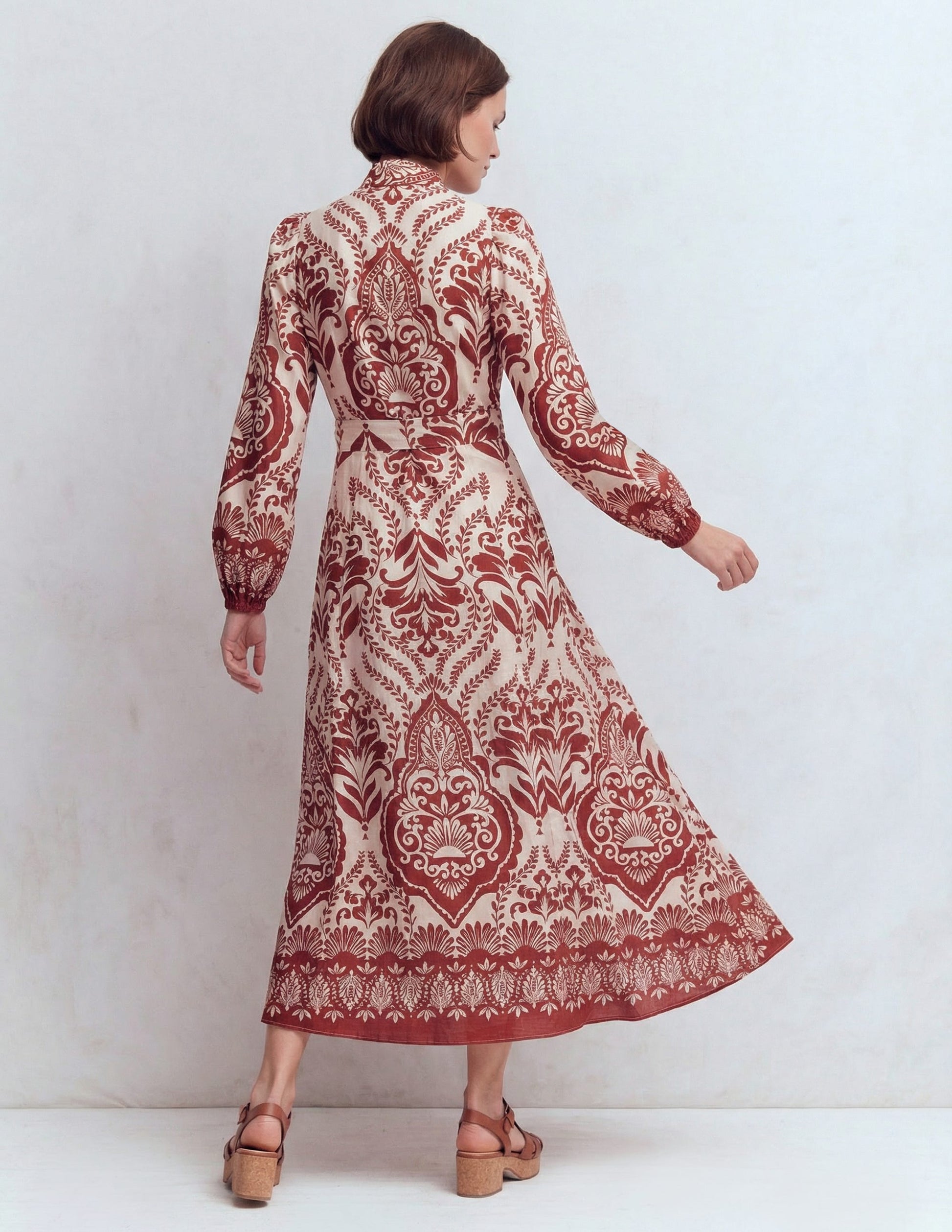 Robe Florence en lin mélangé-Motif Ornamental Garden marron-2