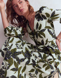 Florence Kleid aus Leinenmischgewebe-Olivgrün Leoparden-Blüten