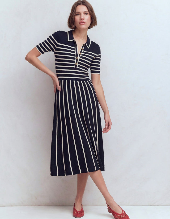 Strick-Midikleid mit Kragen-Französisches Navy/Naturweiß, Gestreift
