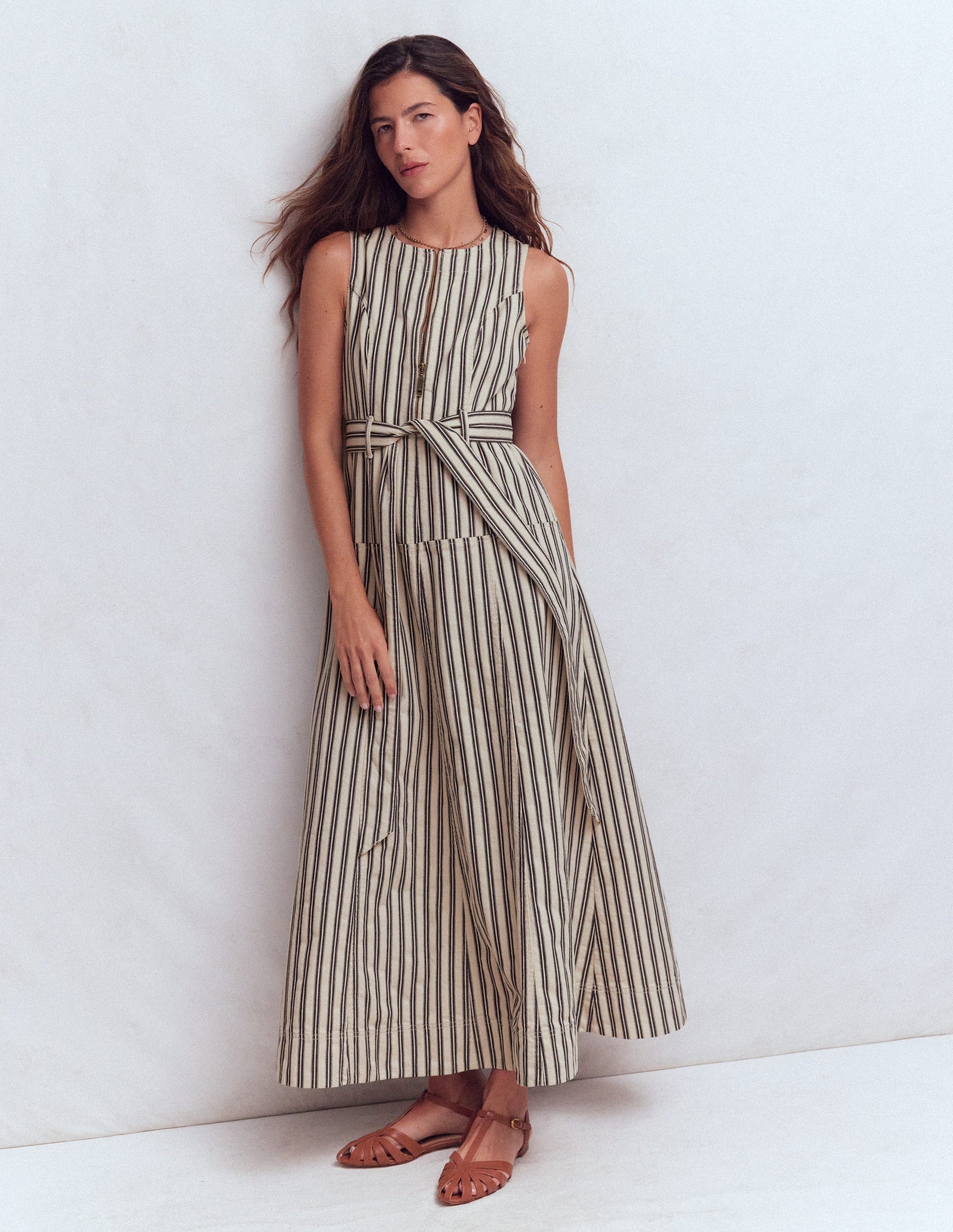 Sleeveless Zip Denim Dress-Ivory and Navy Stripe-1