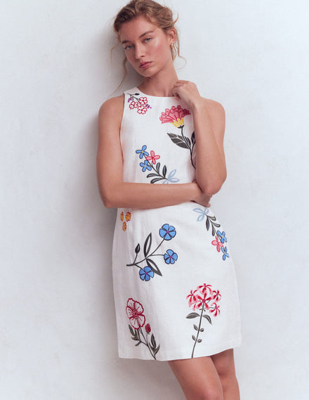 Kurzes Leinenkleid für besondere Anlässe-Weiß Stickerei