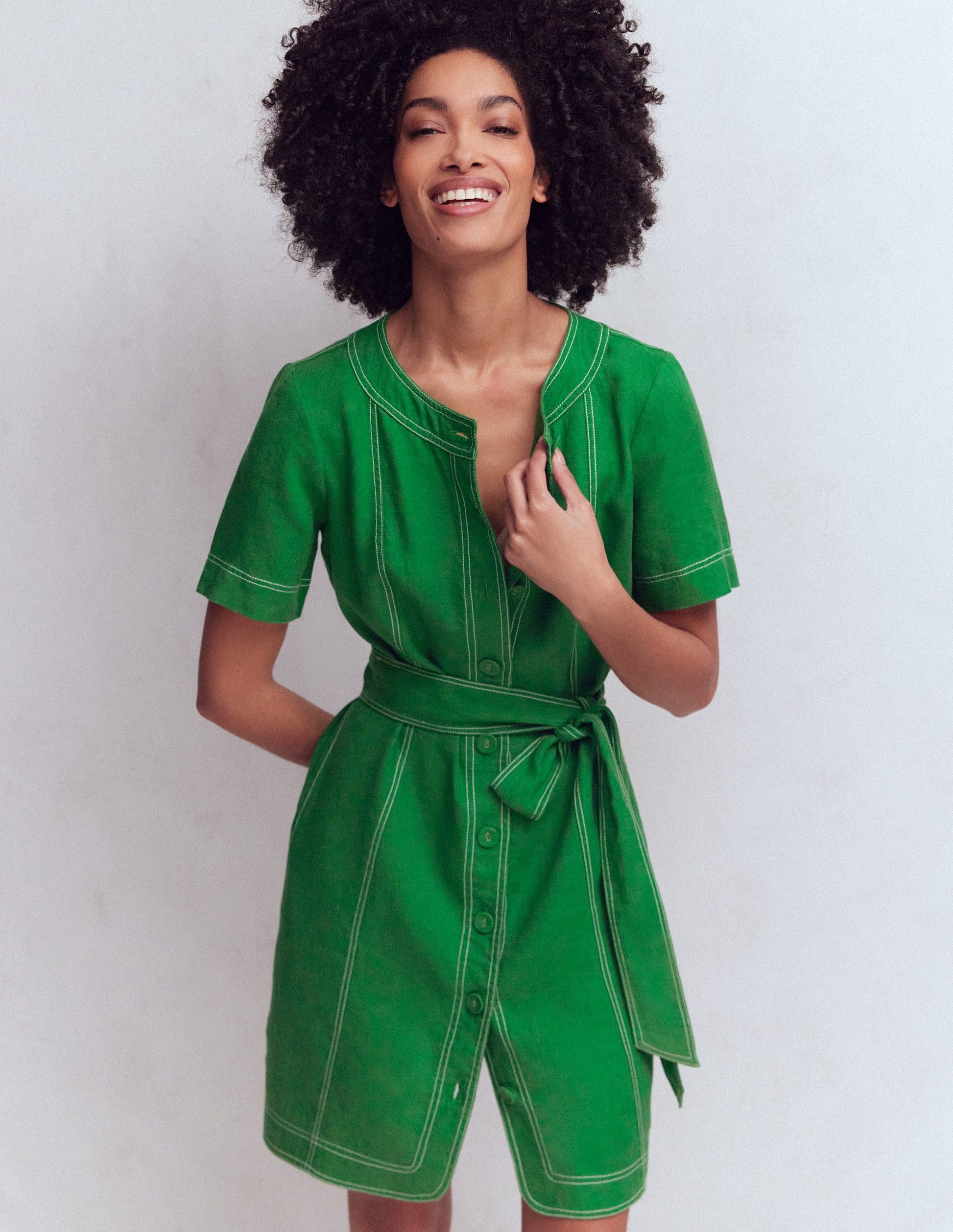 Robe Callie courte en lin-Vert des Highlands-1