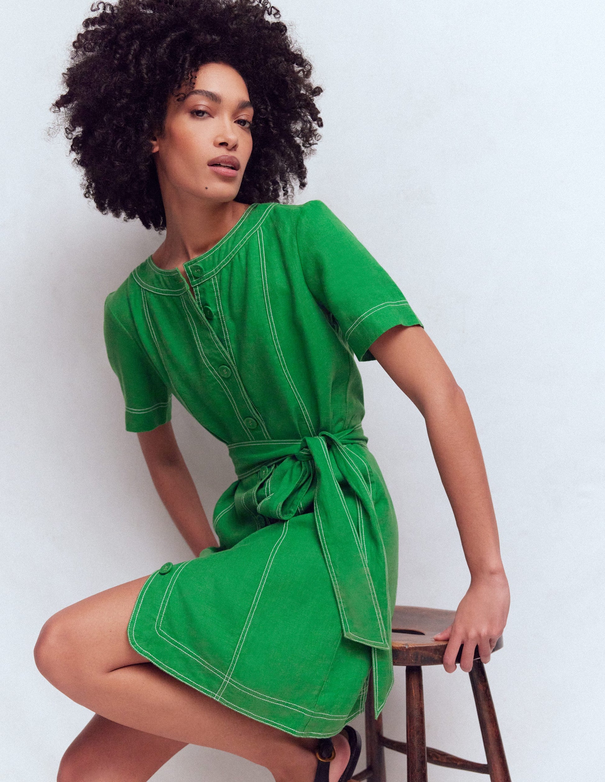 Robe Callie courte en lin-Vert des Highlands-4