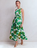 Silvia Maxikleid mit Korsettstäbchen am Oberteil-Grün Opulente Blüten